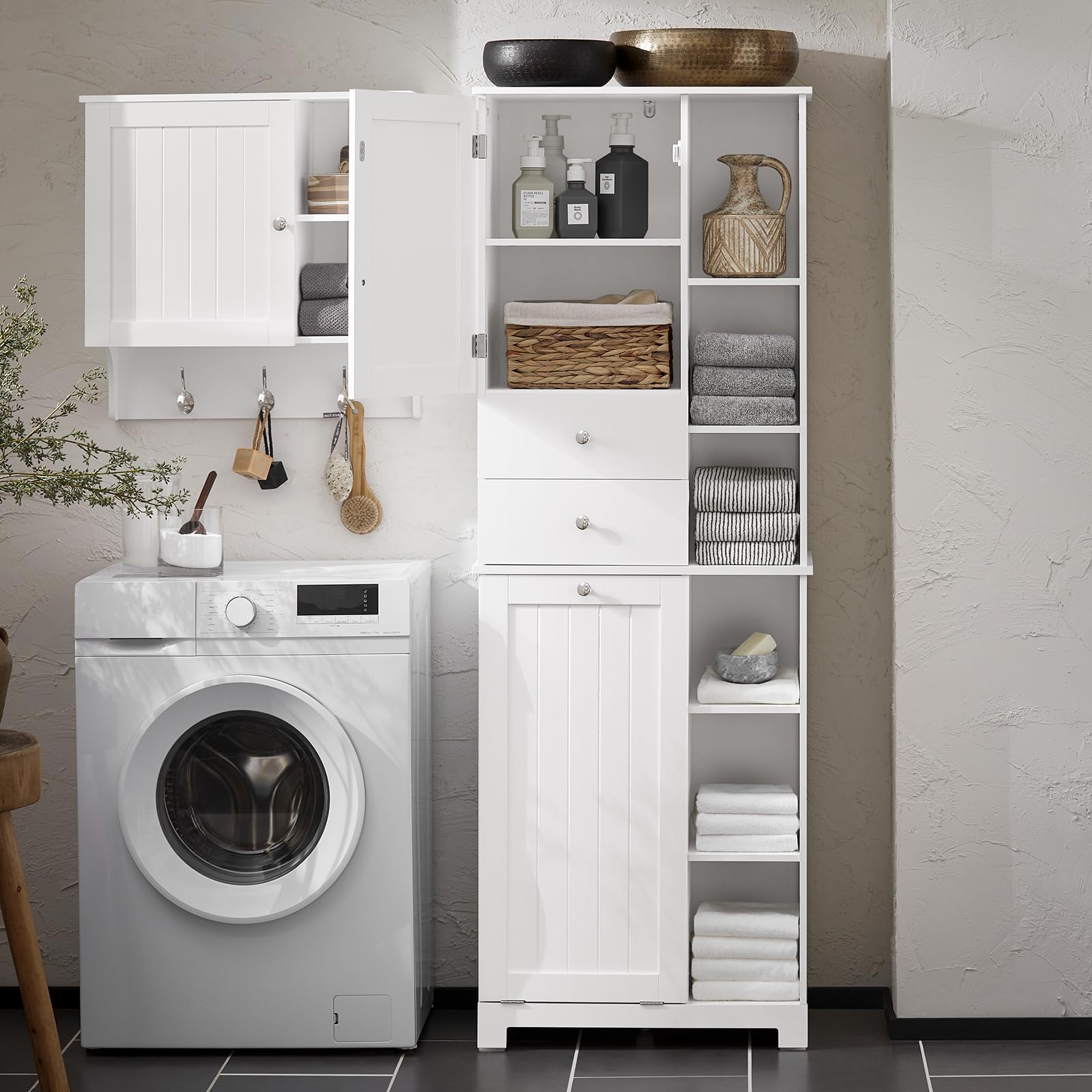 Haotian Tall Laundry Storage Cabinet - Freestanding Organizer with Removable Baskets, Multi-Compartment & Drawers - Perfect for Bathroom, Laundry Room, Closet Organization - White (BZR104-W)