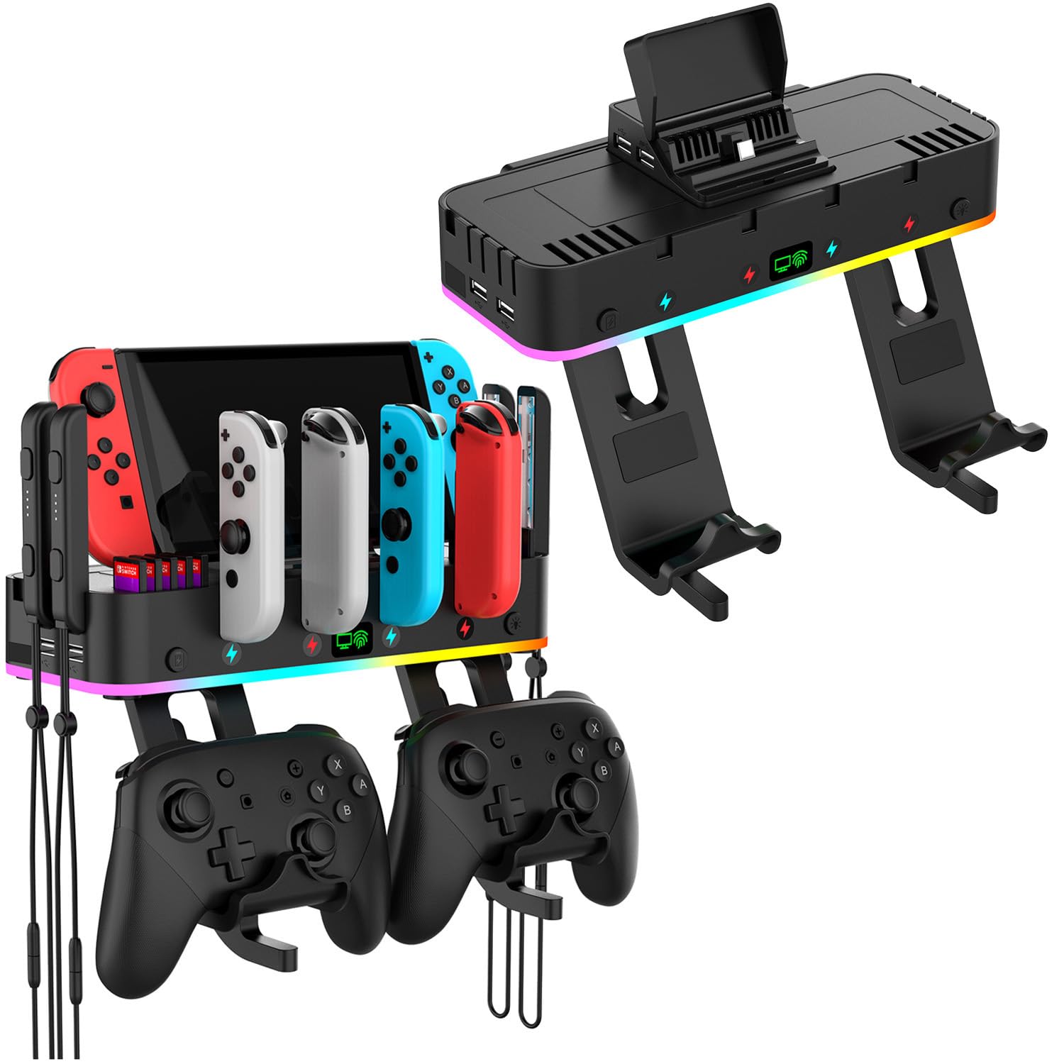 JOYSOG Gaming Controller Stand for Nintendo Switch OLED/Switch with Headset Holder, 4 USB Ports & 10 Game Card Slots - Perfect for Gaming Setup & Accessory Organization