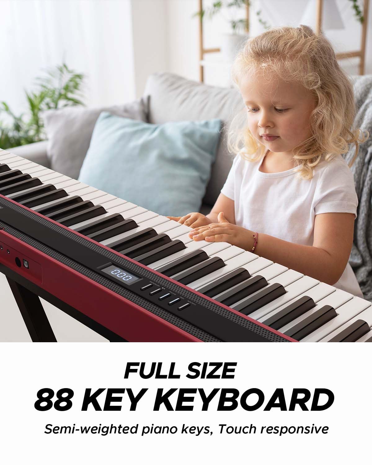 Starfavor 88 Key Digital Piano - Semi-Weighted Keyboard with Bluetooth, Stand, Pedal & Carrying Bag - Perfect for Beginners, Home Practice & Live Performances (Red)