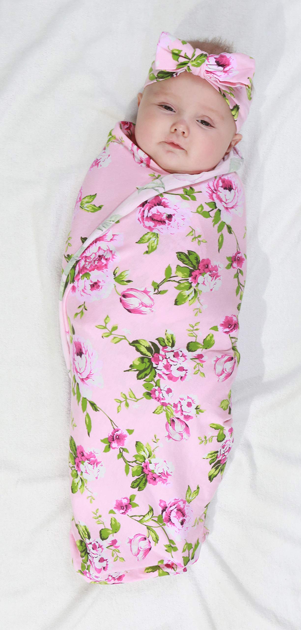 4 Pack Maternity Robe & Baby Swaddle Set with Hat - Stretchy Nursing Dress with Pockets & Receiving Blanket for Mom & Newborn (Pink Floral) - Perfect for Hospital Delivery, Breastfeeding & Newborn Photography