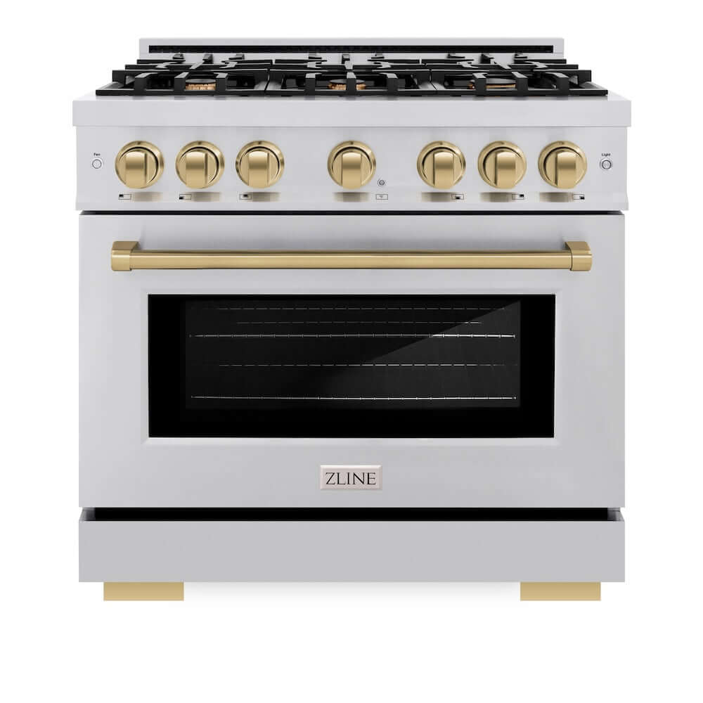 ZLINE Autograph Edition 36 Inch 5.2 Cu. Ft. Gas Range with 6 Burner Cooktop & Convection Oven - Stainless Steel with Champagne Bronze Accents (HGRZ 36 CB) - Perfect for Professional Kitchens & Home Chefs