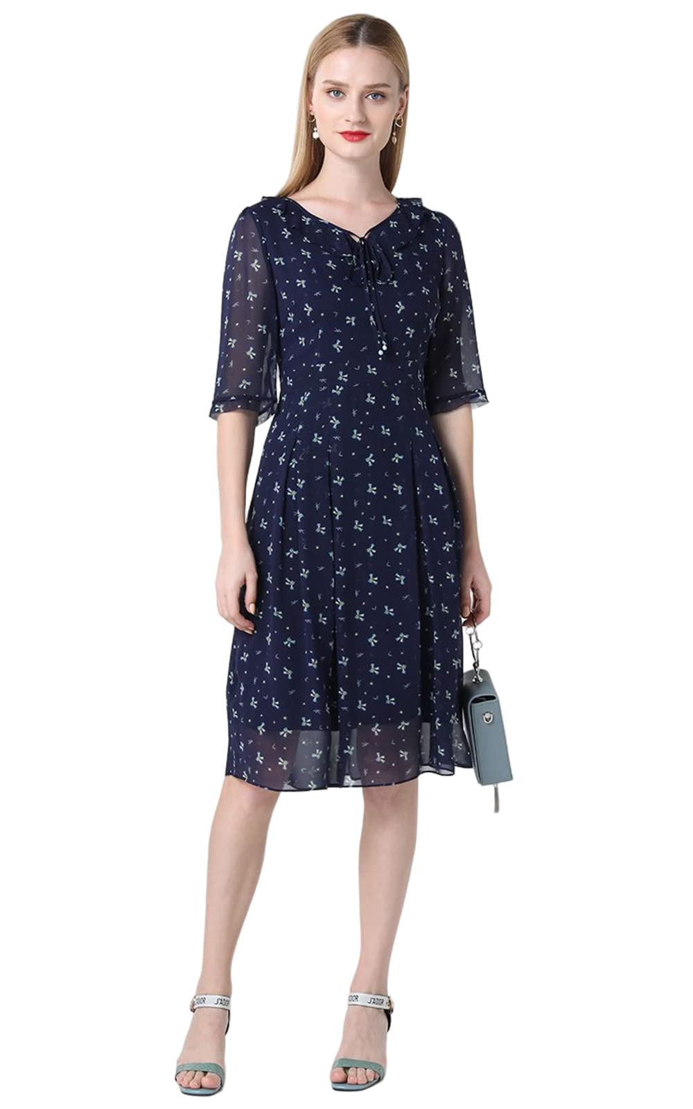 Gowani Women's Floral Silk Midi Dress with Ruffle Neckline & V-Neck - Elegant Short Sleeve Beach Dress for Summer Vacation, Date Night & Outdoor Parties