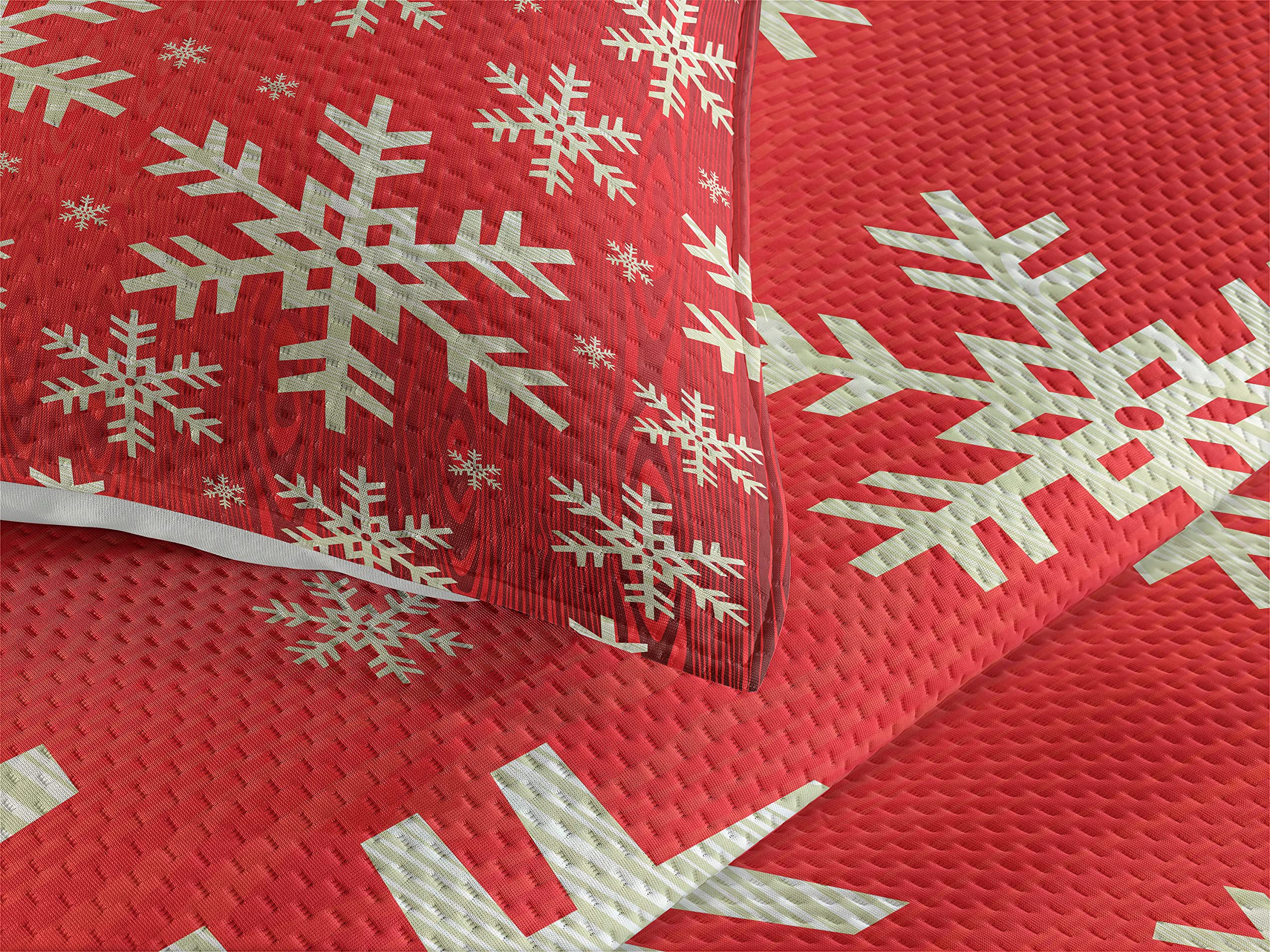 Lunarable Snowflake Quilt Set - Christmas Winter Themed Abstract Wooden Pattern Bedspread with 2 Pillow Shams, King Size in Vermilion Cream | Cozy Holiday Bedding for Festive Home Decor