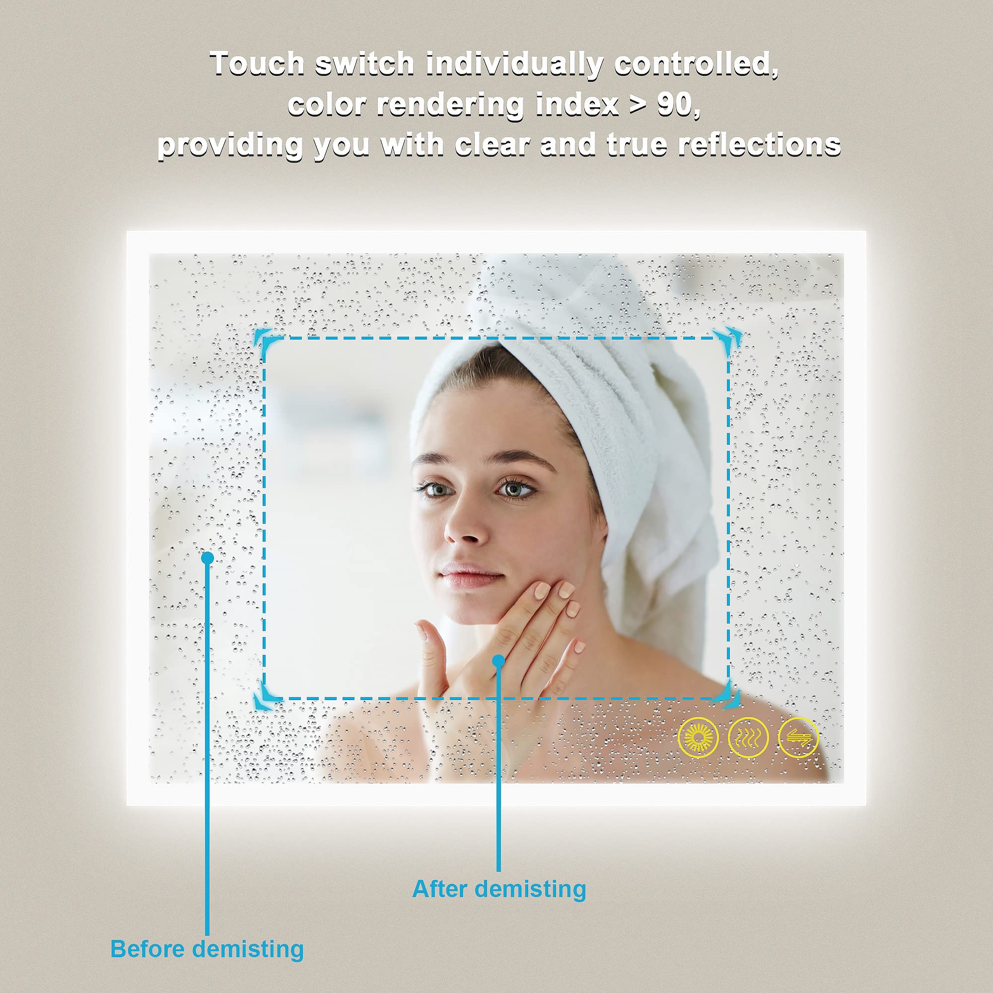 OKISS 30x36 Inch Dimmable LED Bathroom Vanity Mirror with Anti-Fog - Large Horizontal/Vertical Rectangle Makeup Mirror with Light for Home, Hotel, Office & Bar - Perfect for Makeup, Shaving & Grooming