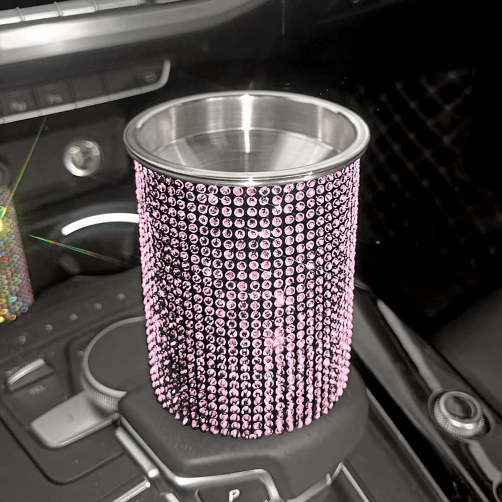 Bling Diamond Car Ashtray with Lid - Portable Mini Cup Holder Trash Can, Detachable Stainless Steel Smokeless Ash Tray with Shiny Crystal Rhinestones, Stylish Car Accessories for Women, Perfect for Road Trips and Daily Commutes