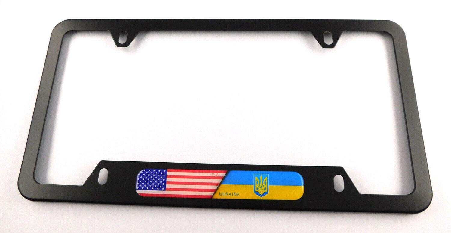 USA Ukraine Flag Metal Black Aluminum Car License Plate Frame - 4 Hole Cutout Design - Durable & Stylish for Cars, Trucks, SUVs - Show Your Support on the Road
