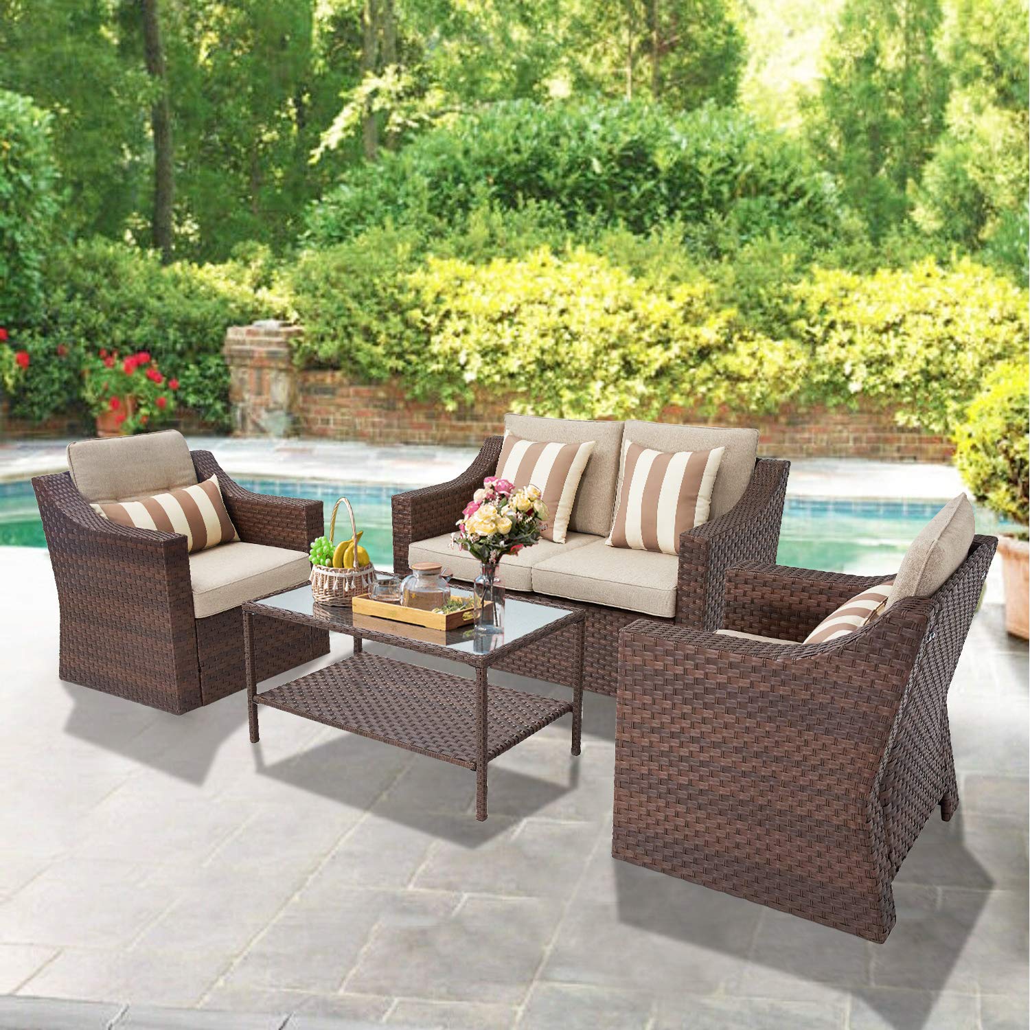 SOLAURA 4-Piece Outdoor Patio Furniture Set - All-Weather Wicker Sectional Sofa with Tempered Glass Coffee Table, Brown - Perfect for Backyard, Garden, and Poolside Relaxation