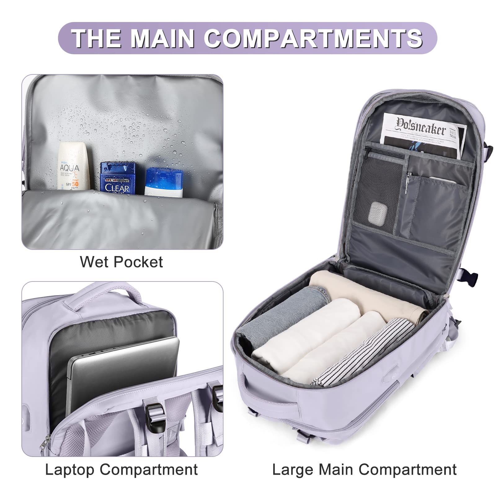 Coofay Flight Approved Carry On Backpack - Waterproof Travel Backpack for Women, Airline Approved Personal Item, Lightweight Daypack for Hiking, Sports & Casual Use - Perfect for Commuting, Business Trips & Weekend Getaways (Purple)
