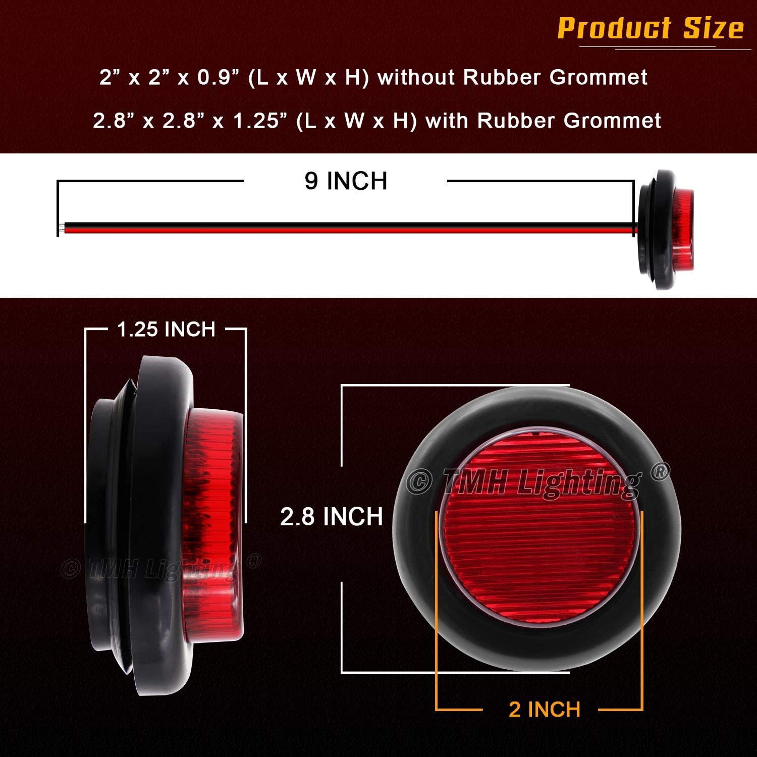 2 Inch Round Red LED Clearance Reflector Side Marker Lights - 2 Pcs Universal 12V DC Truck RV Trailer Camper Lights with Grommets & 10 Diodes - Perfect for Night Driving Safety & Vehicle Visibility