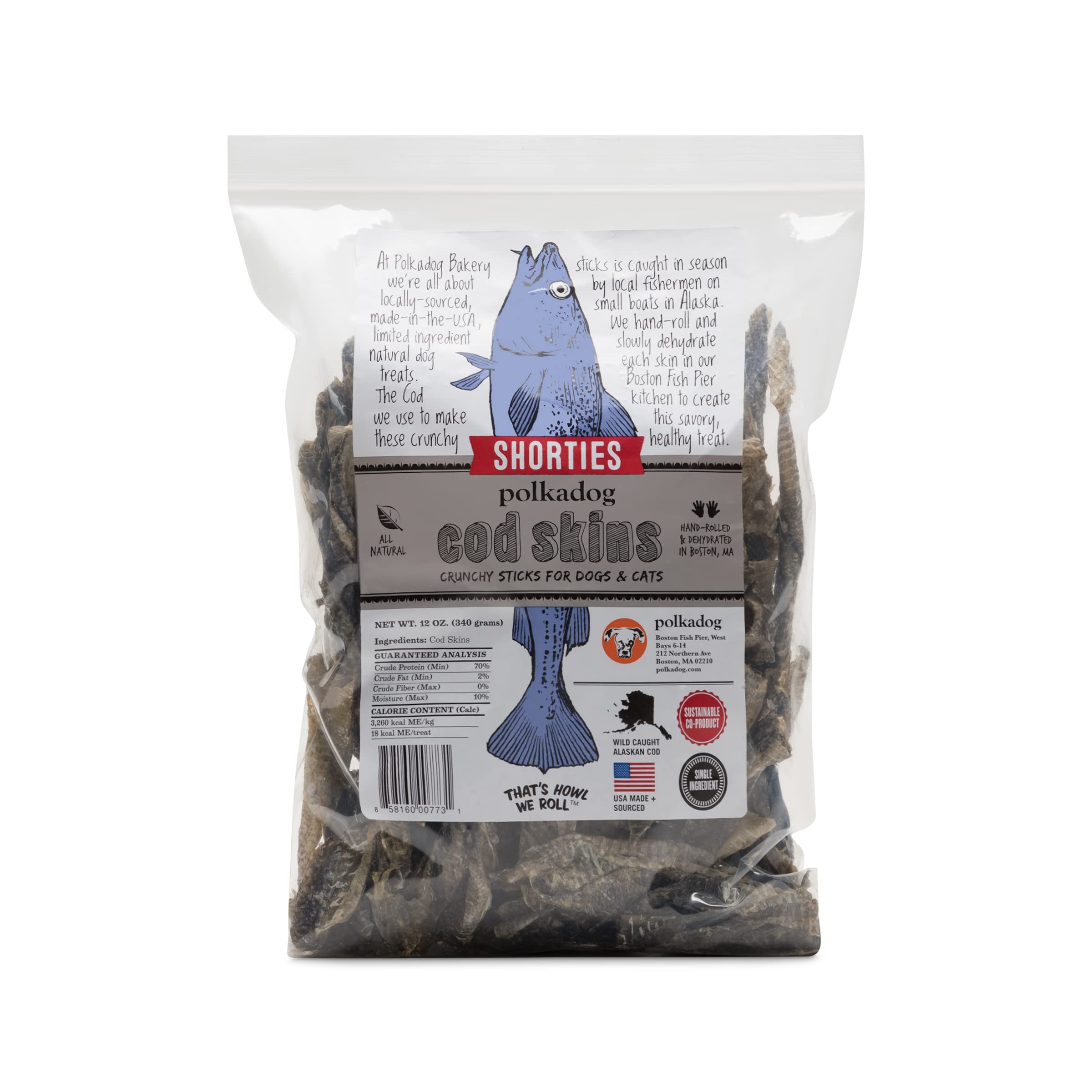 Polkadog Cod Skins Dog Treats - Single-Ingredient, Grain-Free & Gluten-Free Crunchy Fish Skin Chews for Dogs of All Breeds | Lean Protein Dental Treats for Teeth Health | Made in USA, 12oz Shorties | Perfect for Training Rewards & Dental Care