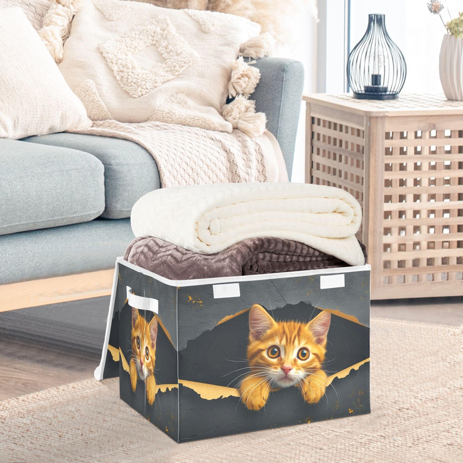 Senya Collapsible Storage Bins with Lids - Foldable Orange Cat-Themed Organizing Baskets for Clothes, Toys & Home Organization | Space-Saving Storage Solution for Bedroom, Closet & Laundry Room