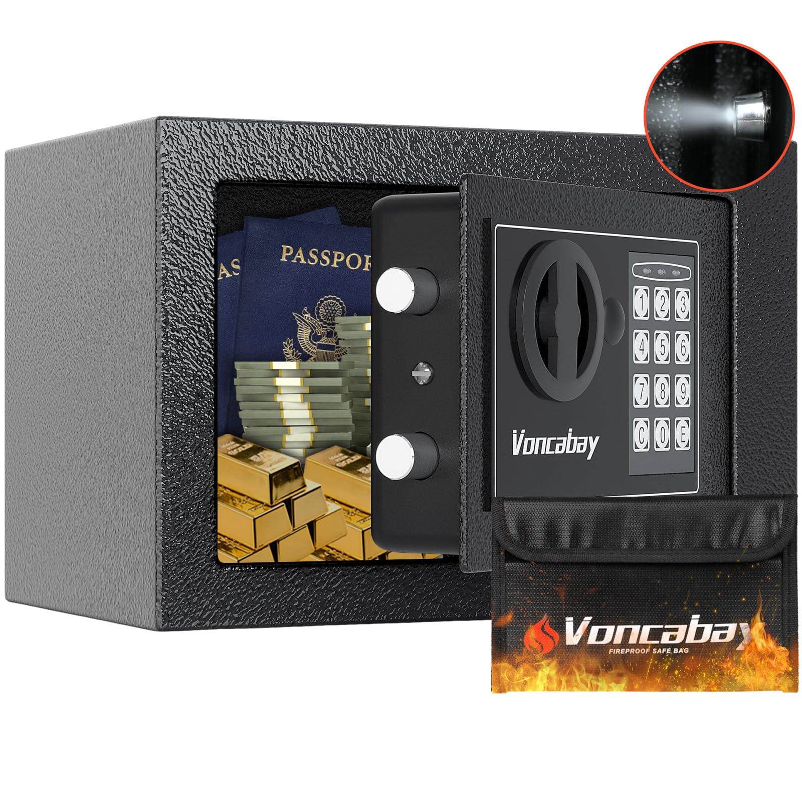 Voncabay Fireproof Security Safe Box with Digital Keypad & Sensor Light - Home Money Safe with Keys & Passcode for Cash, Jewelry & Documents | Ideal for Bedroom, Office & Travel Use