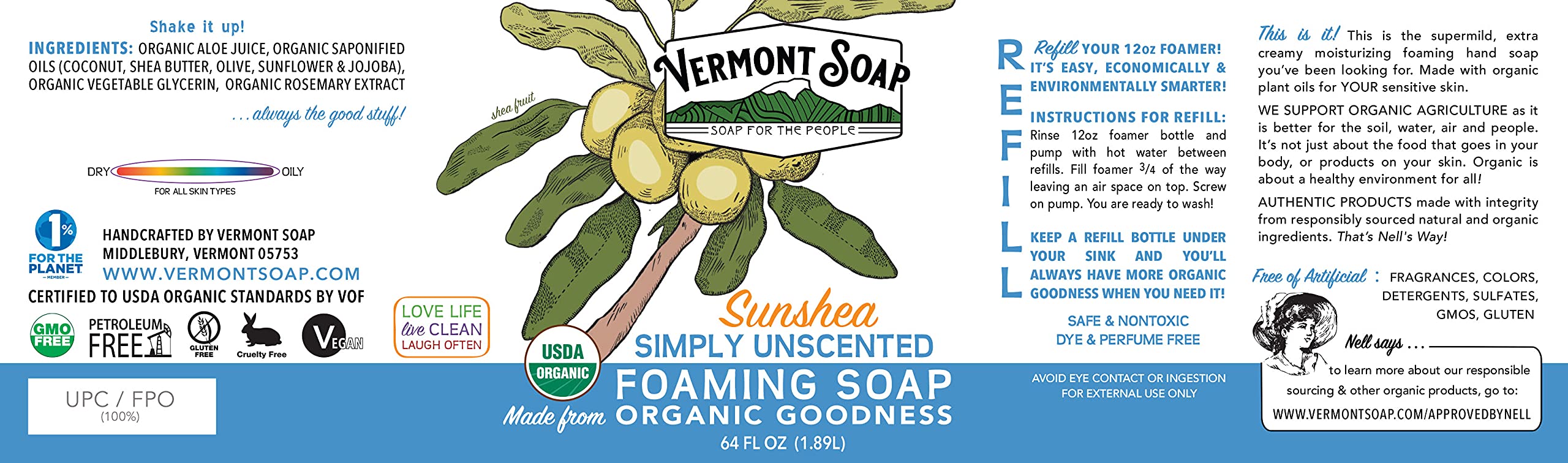Organic Unscented Foaming Hand Soap by Vermont Soap - Natural Moisturizing Liquid Soap for Dry Skin, Fragrance-Free Bathroom Hand Wash - 64 oz - Perfect for Sensitive Skin & Eco-Friendly Homes