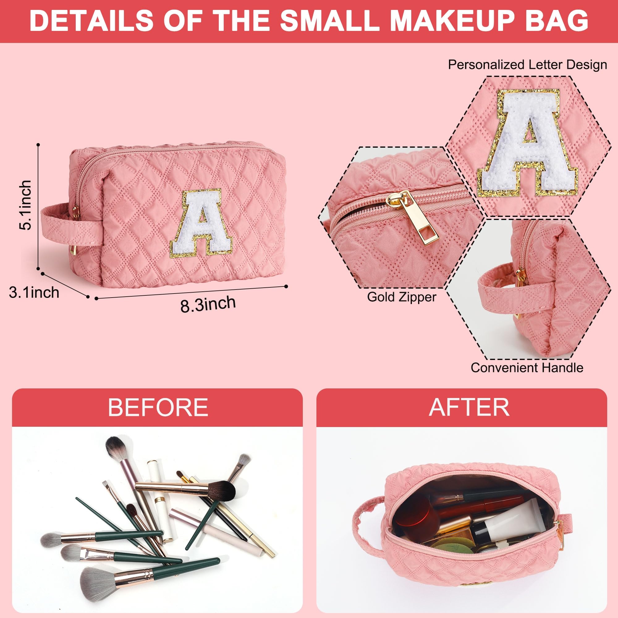 YOOLIFE Easter Makeup Bag for Girls - Small Cosmetic Pouch for Teens & Women, Cute Travel Toiletry Bag with Pink Letter A Design - Perfect Birthday Gift for 5-12 Year Old Girls, Daughter or Sister - Great for School, Travel & Sleepovers