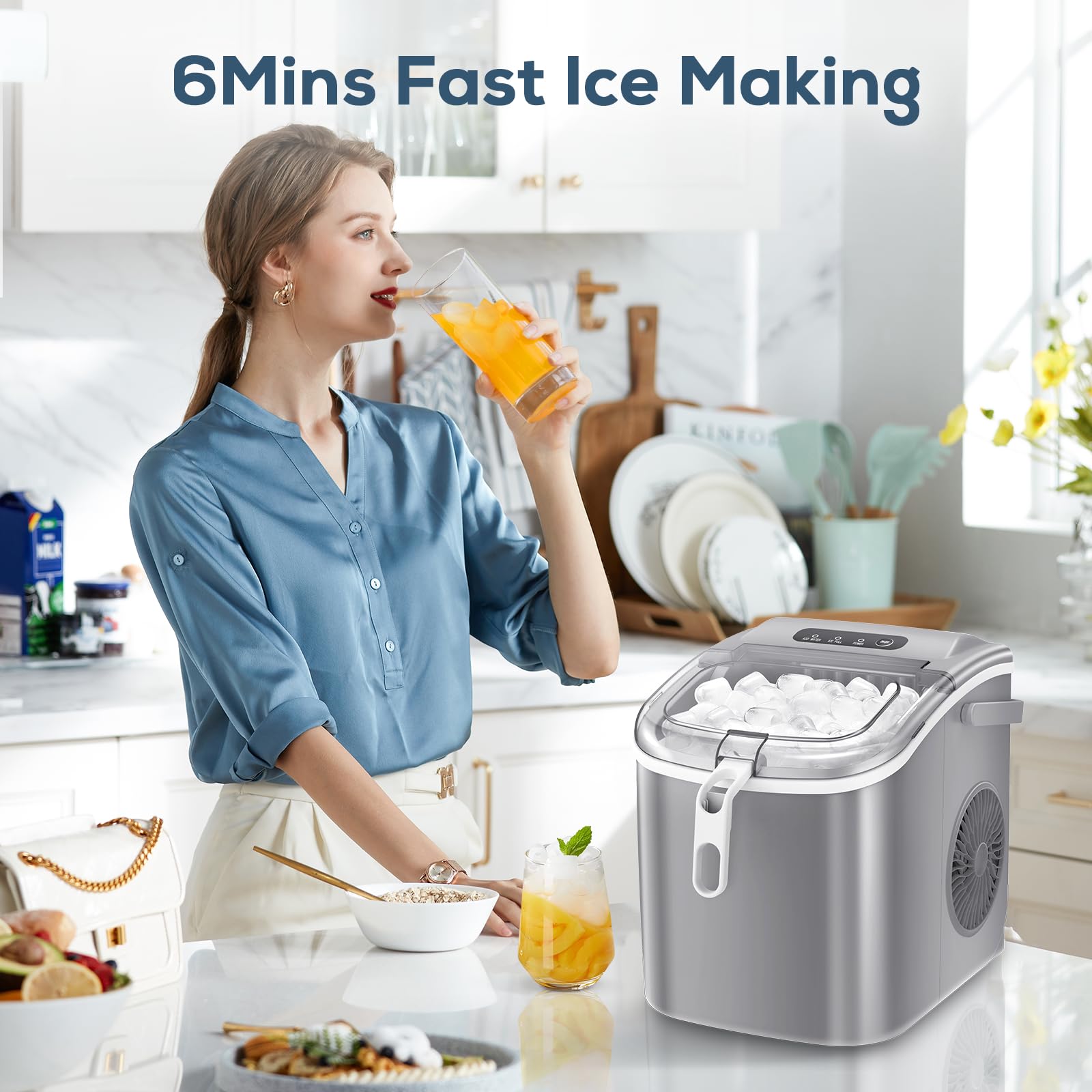 ZAFRO Portable Countertop Ice Maker Machine - 26 lbs Daily, 9 Cubes in 6 Mins, Self-Cleaning with Ice Basket & Scoop - Compact Ice Machine for Home Kitchen, Office, RV, Camping & Outdoor Parties (Grey)