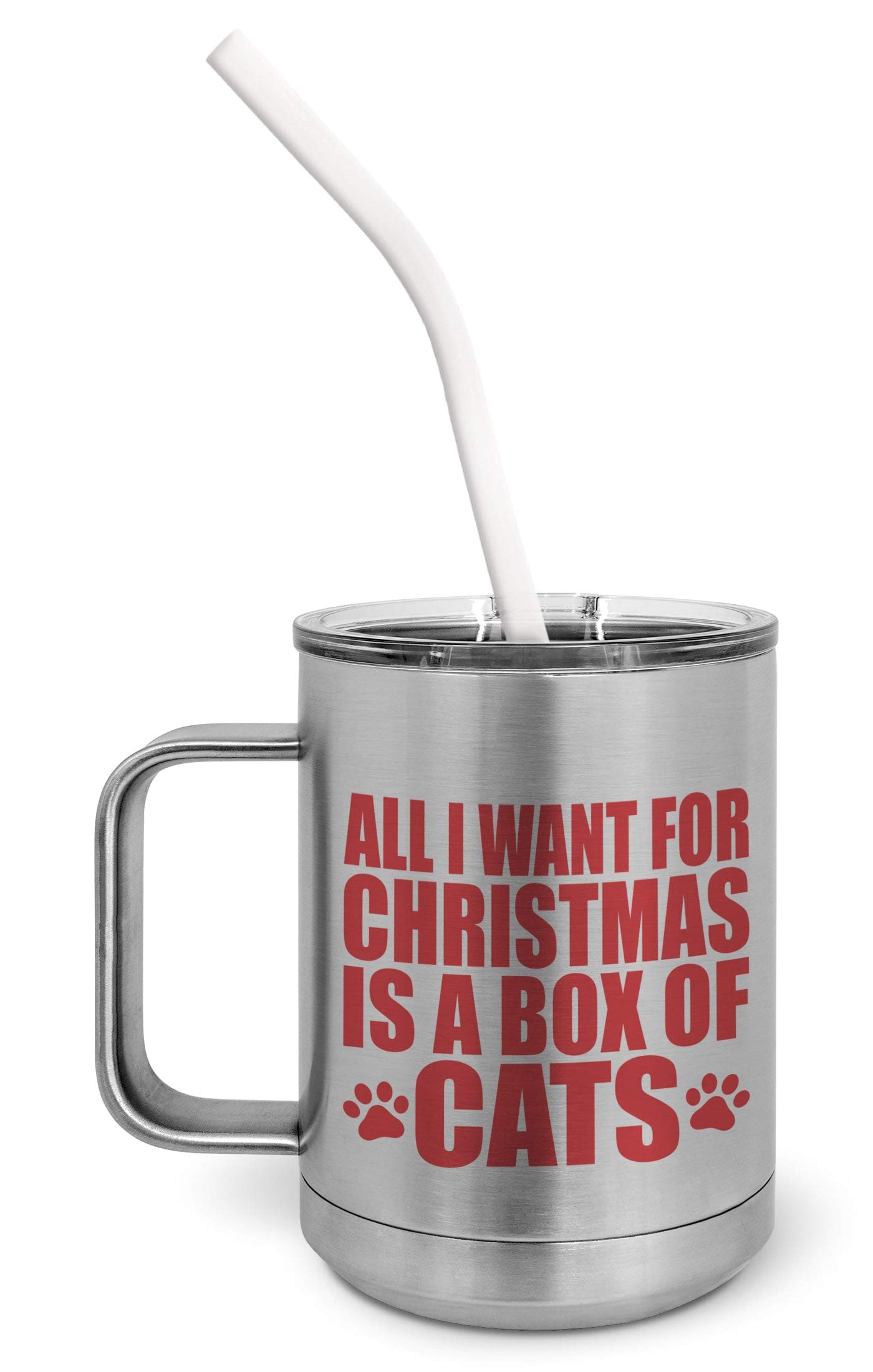 **PixiDoodle Christmas Paw Print Cat Insulated Coffee Mug Tumbler – 15 oz, Spill-Proof Slider Lid & Silicone Straw – Silver – Perfect for Holiday Gifts, Cat Lovers & Coffee Enthusiasts**