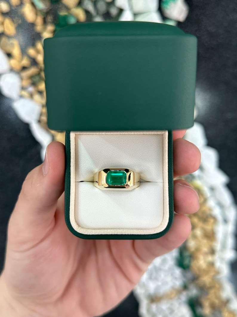 2.70ct AAA+ Rich Vivid Muzo Green Emerald Cut Solitaire Gypsy Ring for Women - Elegant East to West Wedding Band, Engagement Jewelry Gift for Her