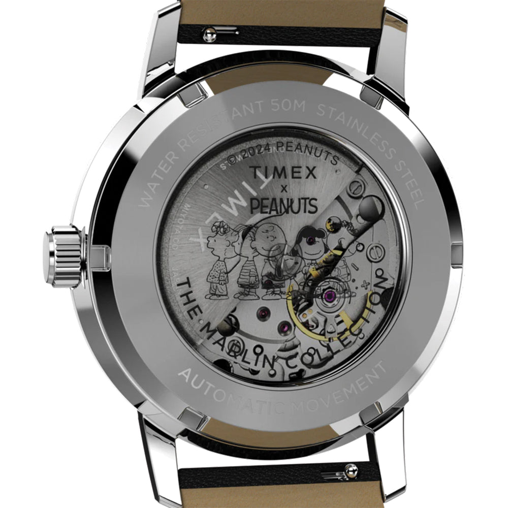 Peanuts Marlin® Automatic Saxophonist 40mm Silver Leather Strap Watch - Perfect for Jazz Lovers & Music Enthusiasts
