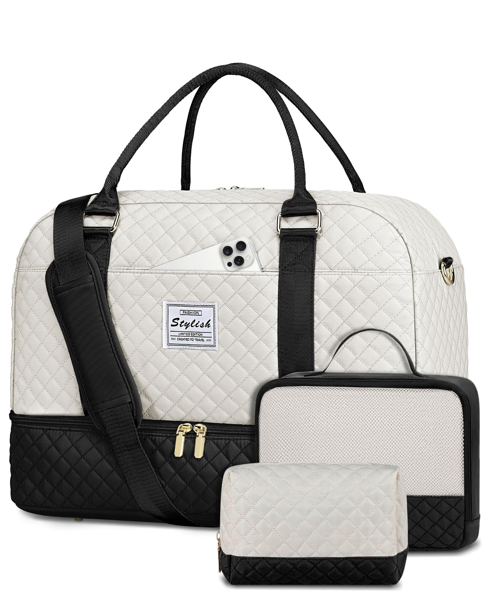 Women's Travel Weekender Bag with Shoe Compartment - Duffle Carry On Overnight Bag in Black & White | Perfect for Gym, Weekend Getaways & Business Trips
