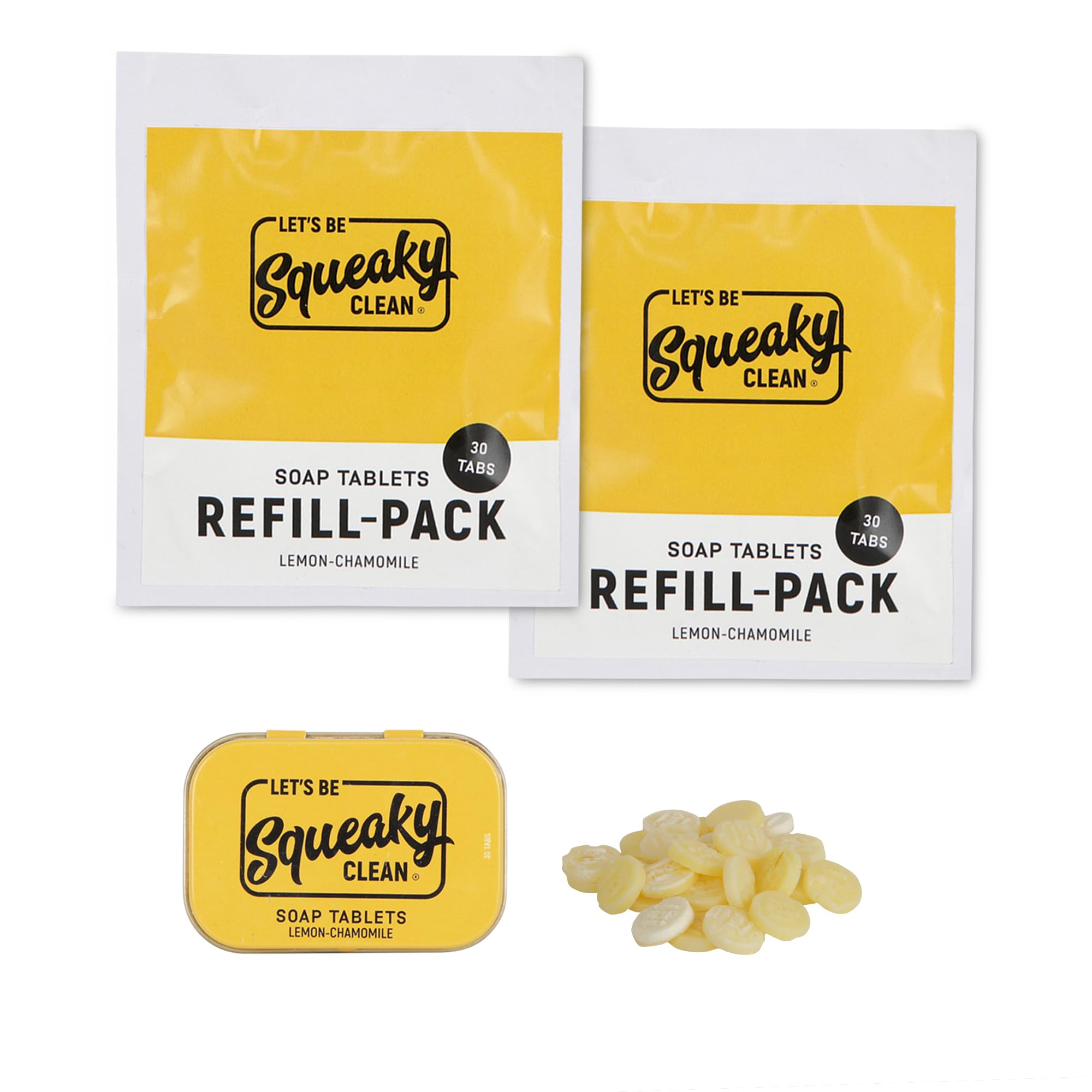Handmade Lemon Scented Soap Tablets - 1 Tin (30 Tablets) + 2 Refills (60 Tablets) | Travel-Friendly, Eco-Friendly, Skin-Friendly | Perfect for Camping, Gym & On-the-Go Use
