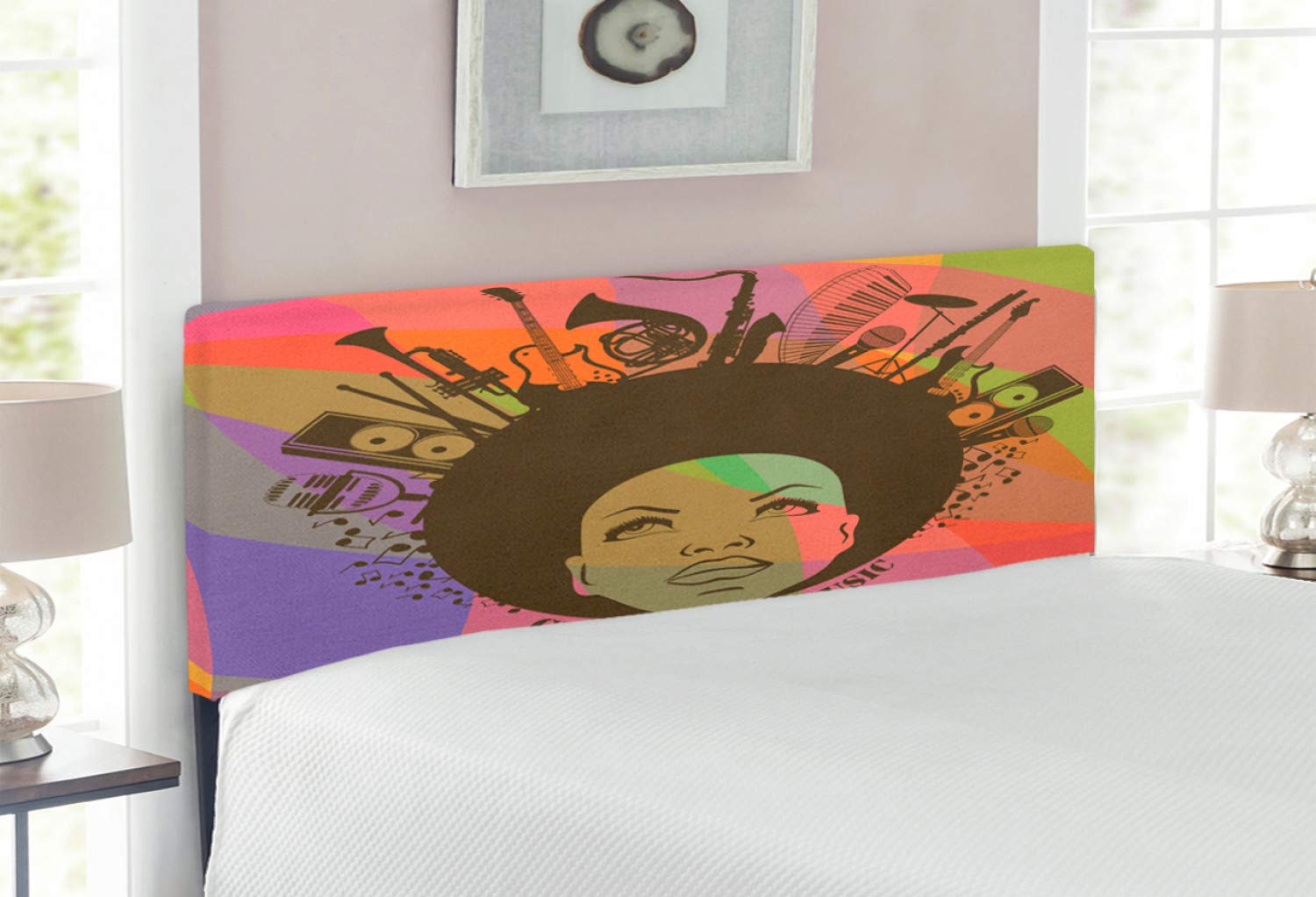 Ambesonne Full Size Upholstered Headboard with Memory Foam - Vintage Music Theme American Woman Portrait with Instruments - Decorative Metal Bed Frame Headboard for Bedroom, Multicolor | Perfect for Music Lovers' Bedroom Decor & Guest Room Makeover