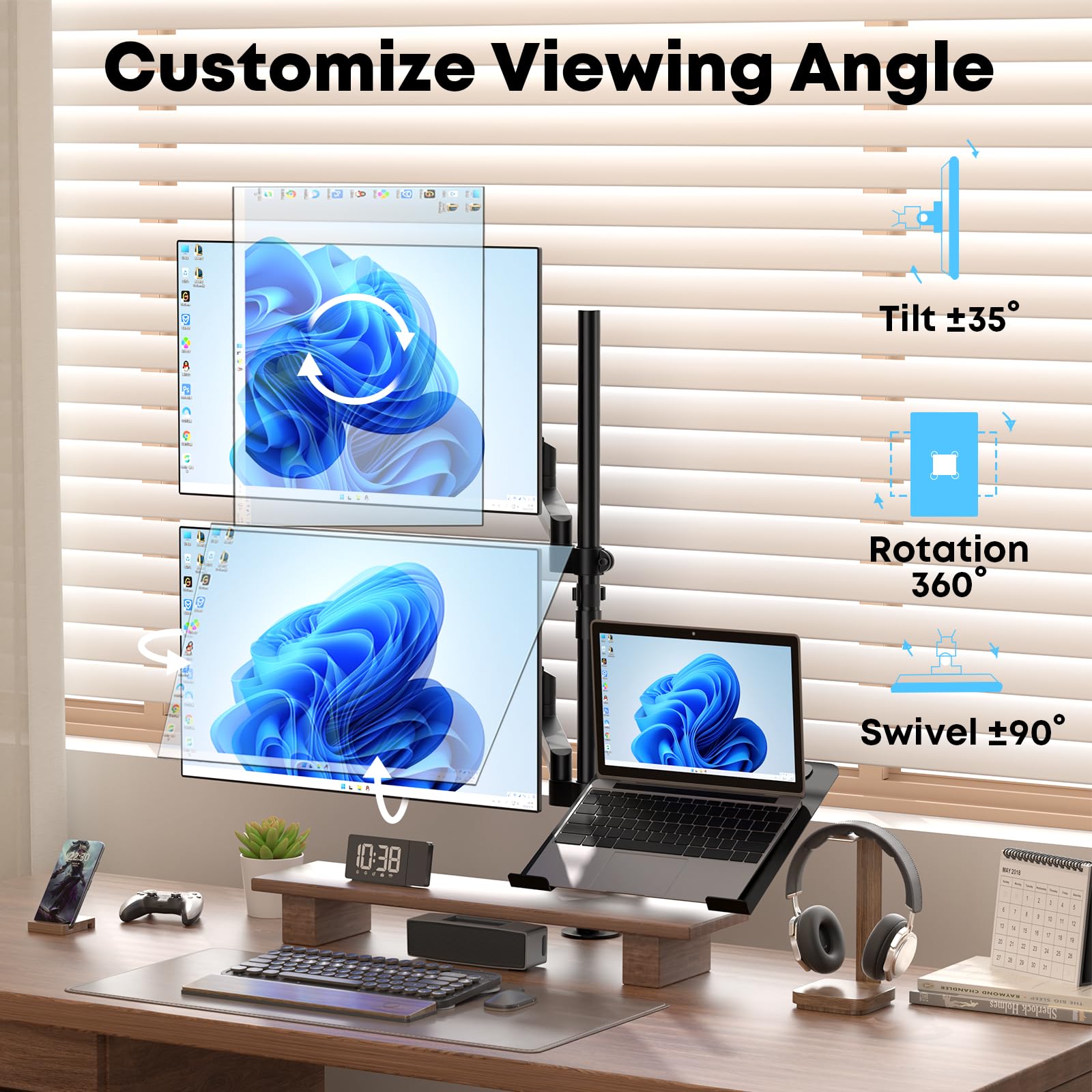 PUTORSEN Dual Monitor and Laptop Stand - Adjustable 3-in-1 Desk Mount for Two 17-32 Inch Screens & 17