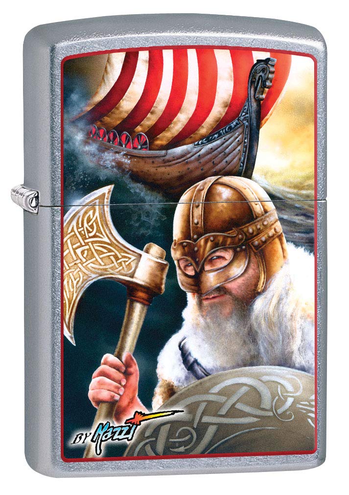 Zippo Lighter Viking and Ship Design by Mazzi - Street Chrome 80358 | Windproof Refillable Metal Lighter for Outdoor Camping, Hiking & Everyday Carry (EDC)