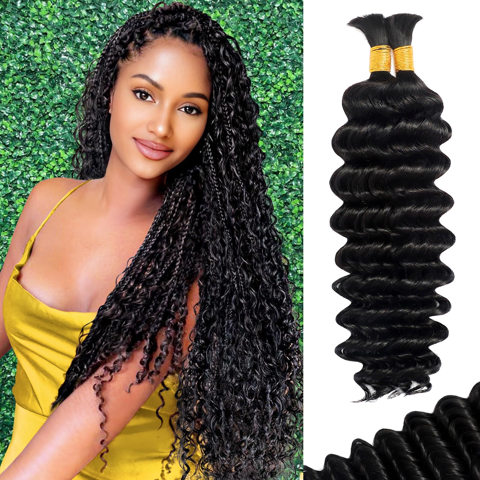 70g 16 Inch Natural Color Human Braiding Hair for Boho Braids - Deep Wave Bulk Human Hair for Knotless Curly Bohemian Water Wave Braids (2 No Weft Bundles/Pack) | Perfect for Festival Hairstyles, Wedding Looks & Everyday Bohemian Style