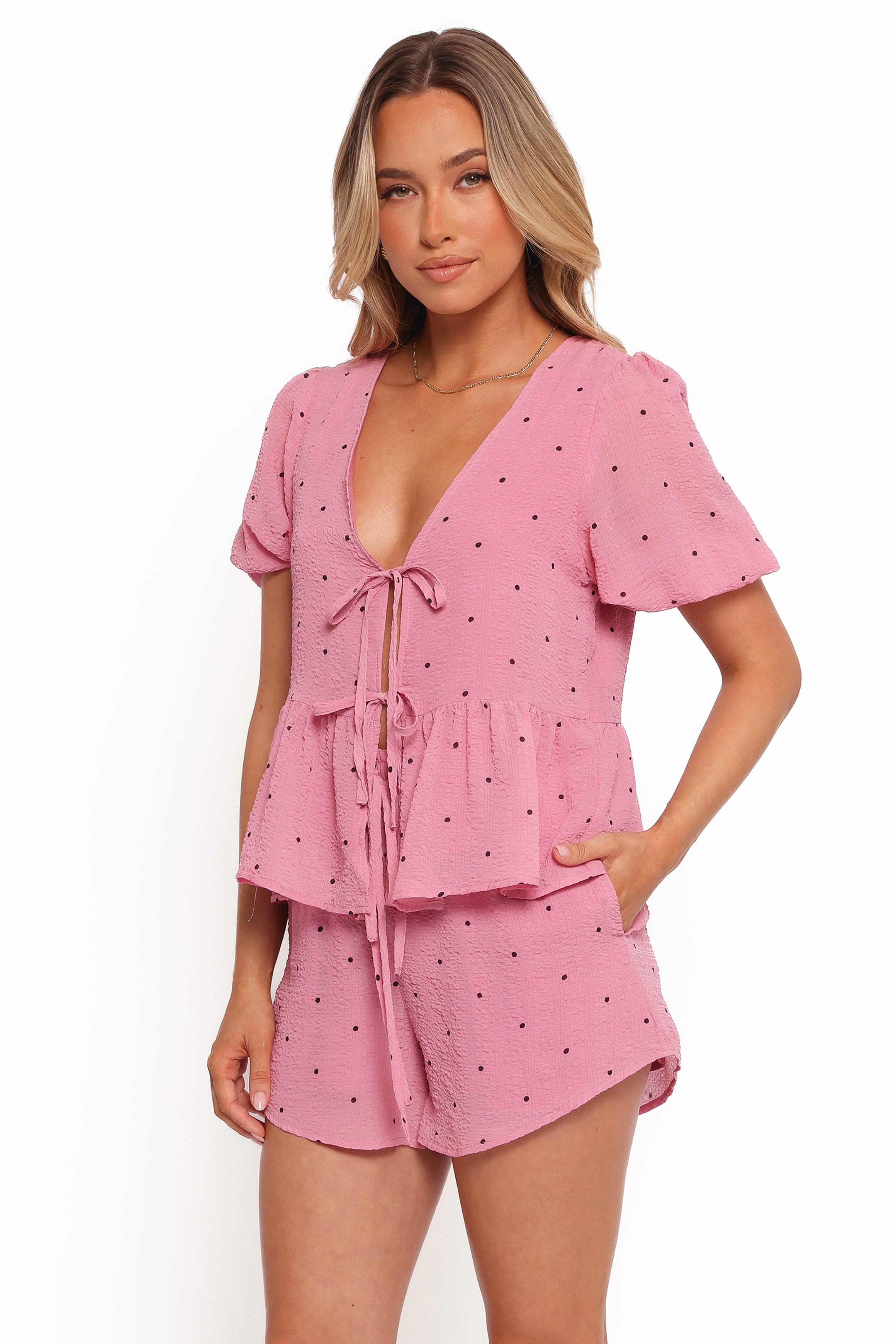 Dory Top Women's Pink Polka Dot Blouse - Casual Short Sleeve Shirt for Spring & Summer Outfits | Perfect for Dates, Office Wear & Weekend Brunch