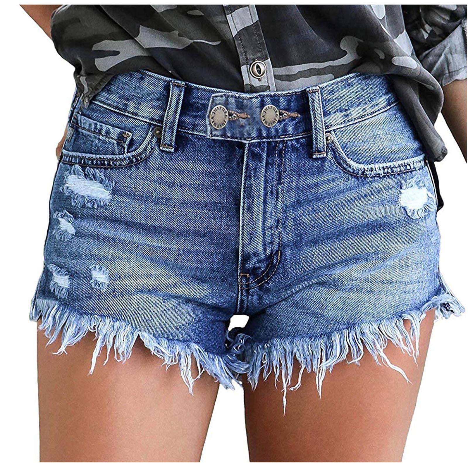 SHENGXINY Women's Ripped Denim Shorts - Distressed Jean Shorts with Frayed Hem & Casual Hole Design | Perfect for Summer Outfits, Beach Trips & Streetwear Fashion