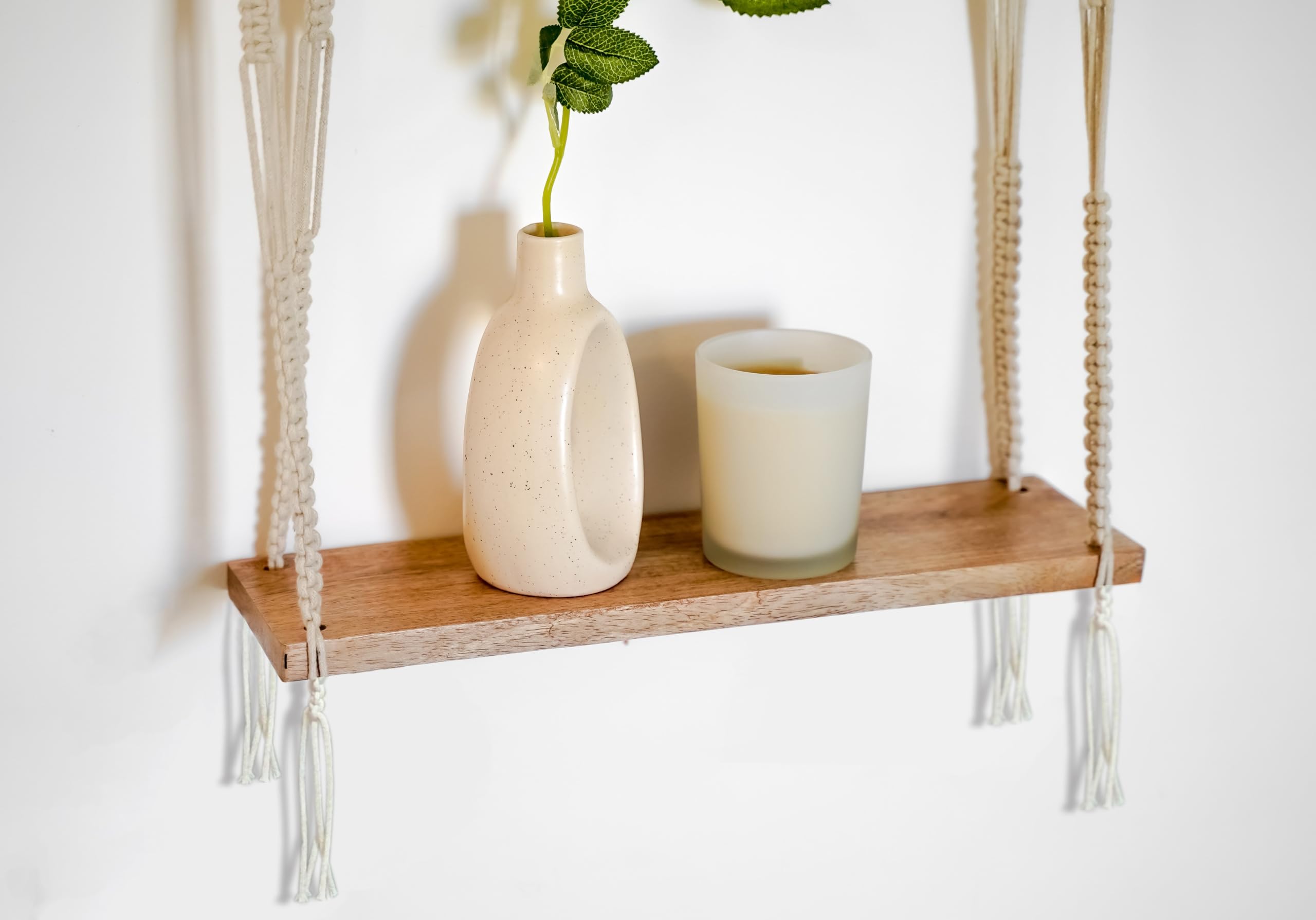 UHUD CRAFTS Macrame Wall Hanging Shelf - Handmade Wooden Floating Shelf for Home Decor, Wall Mounted Plant Display Shelf - Perfect for Bedroom, Living Room & Boho Style Interior Design