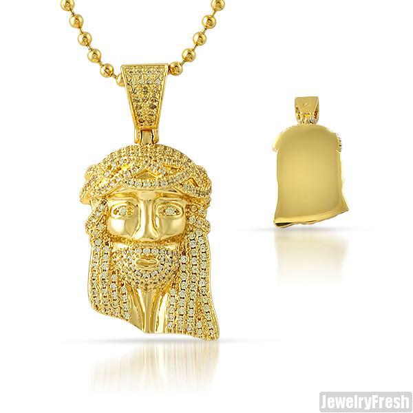 Canary Yellow Iced Out Solid Back Micro Jesus Piece Pendant - 14K Gold Plated Hip Hop Jewelry for Men & Women - Perfect for Rappers, Bling Lovers & Fashion Enthusiasts