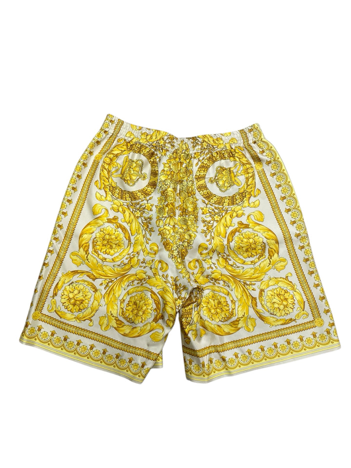 Versace Barocco Champagne Print Silk Shorts for Men - Size Small | Luxury Designer Swimwear for Pool Parties & Beach Vacations