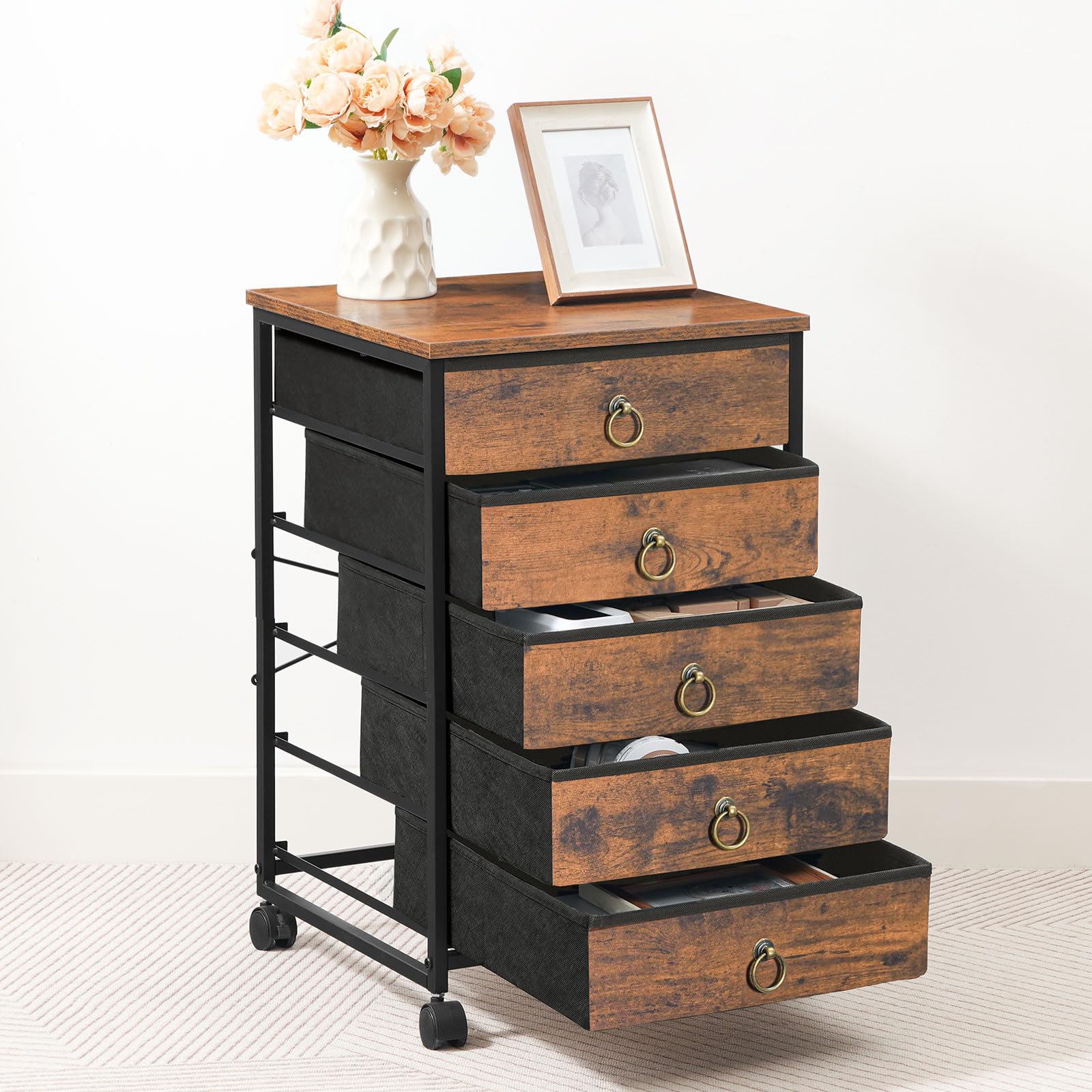 HOOBRO 5-Drawer Chest - Rustic Brown File Cabinet with Wheels, Office Storage Organizer, Rolling Printer Stand for Home & Workspace - Easy Assembly Nonwoven Drawers - Perfect for Living Room, Bedroom & Home Office Organization (Model BF50WJ01)