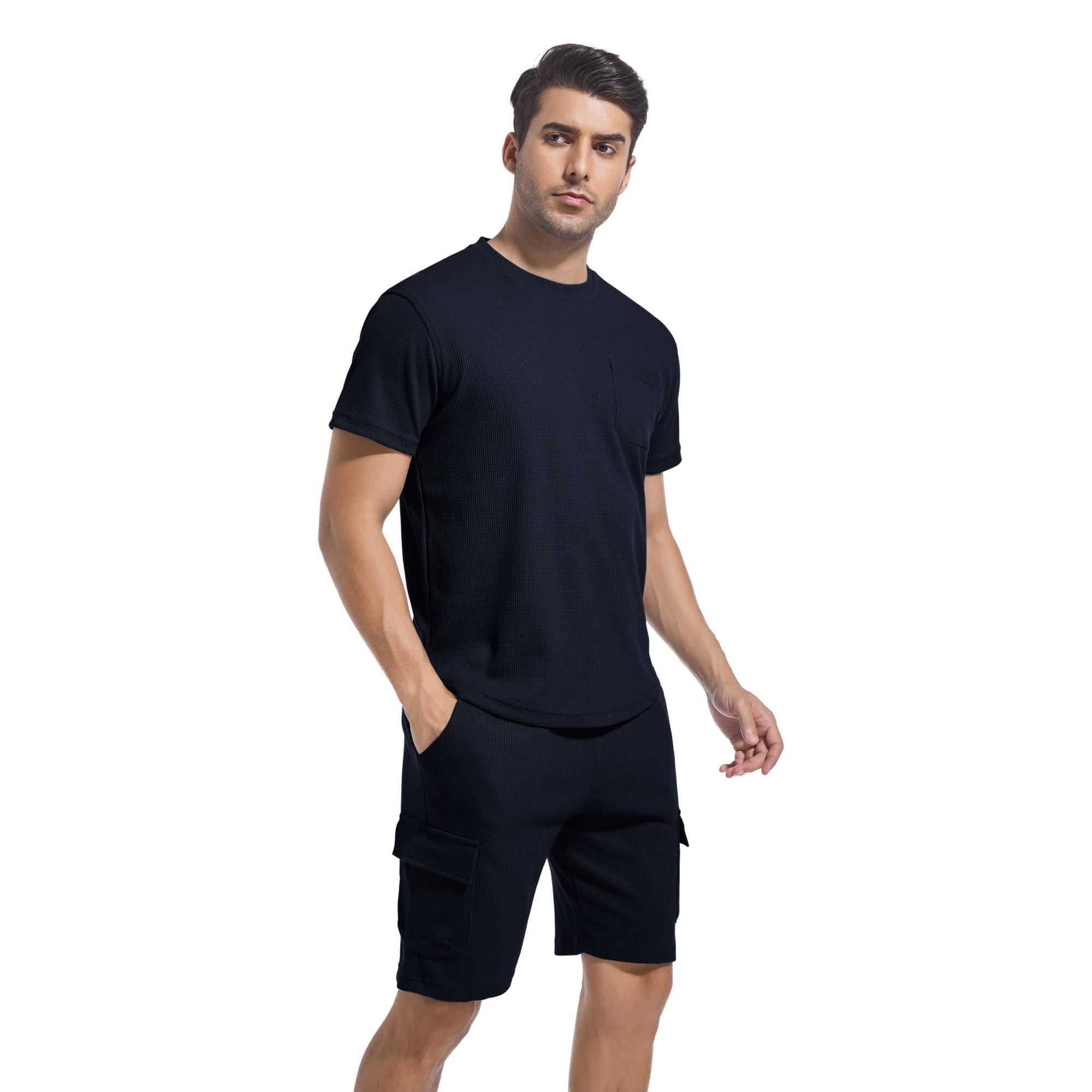 ANOTWENER Men's 2-Piece Summer Outfit - Casual Waffle Knit T-Shirt & Shorts Set for Beach Vacation, Pool Party, and Outdoor Activities