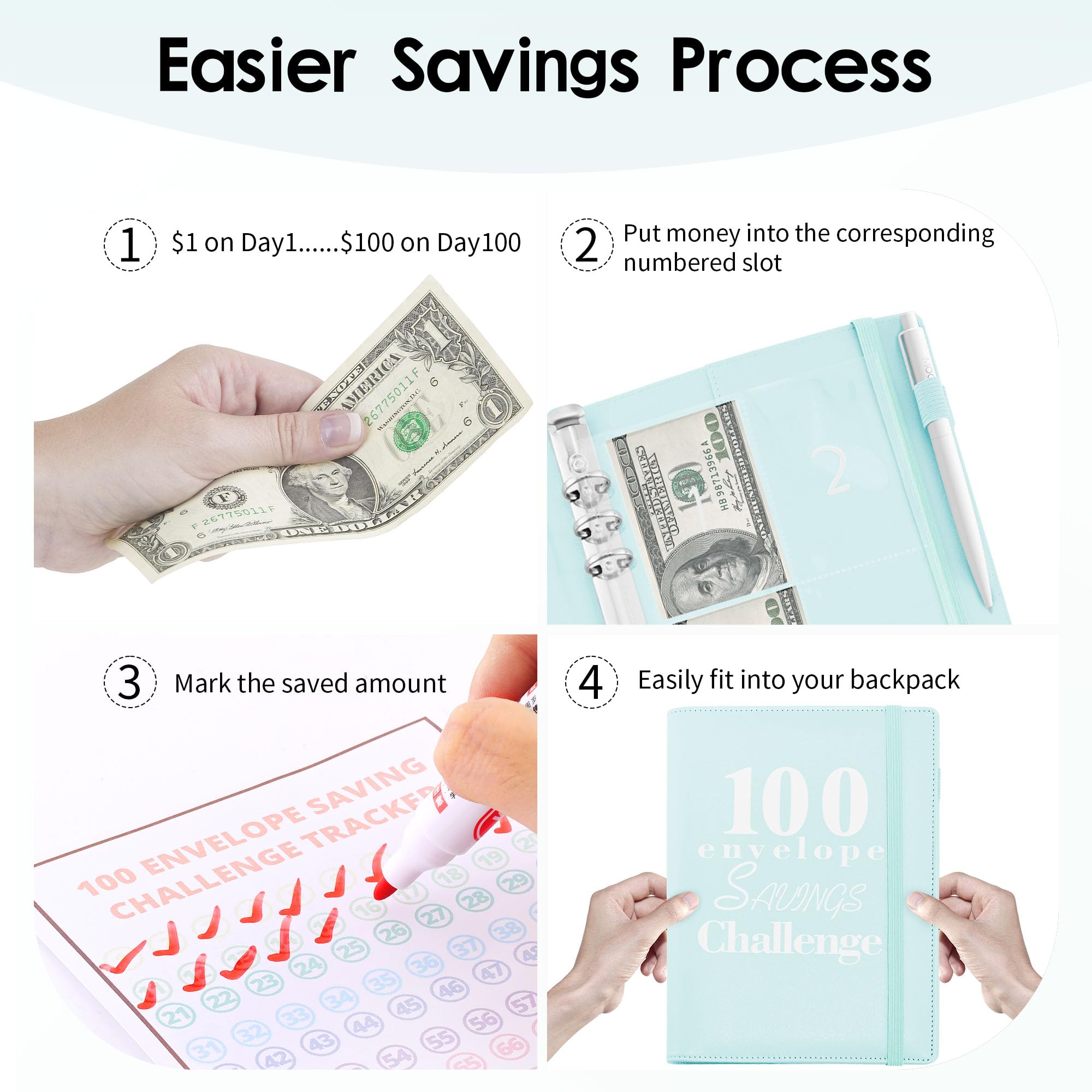 100 Envelopes Money Saving Challenge Binder - Budget Organizer with Cash Envelopes for $5,050 Savings Goal - Light Blue - Perfect for Personal Finance Management & Cash Budgeting System