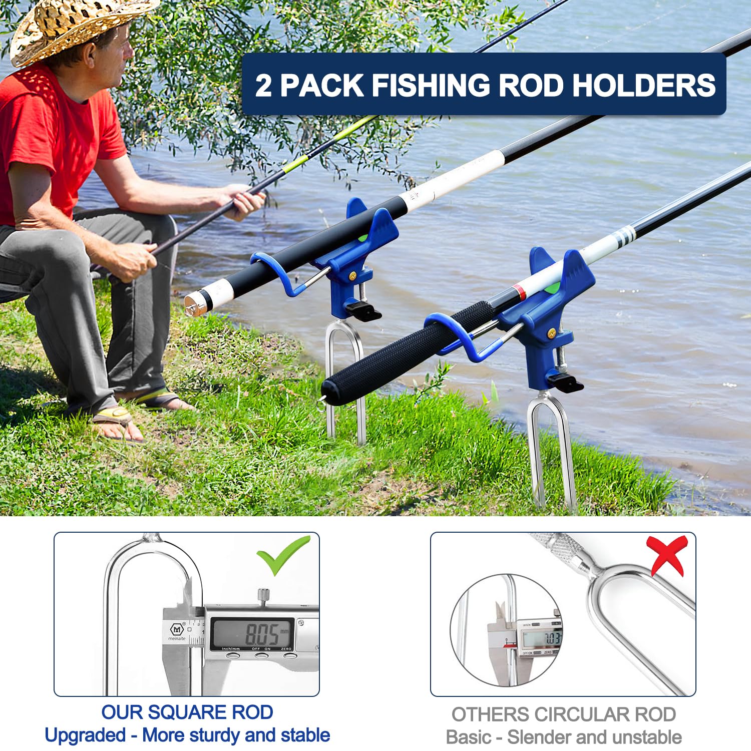 LBW 360 Degree Adjustable Stainless Steel Fishing Rod Stand - 2 Pack Heavy Duty Rod Holders for Bank, Beach, Kayak & Ice Fishing | Perfect for Shoreline, Boat & Outdoor Angling Adventures