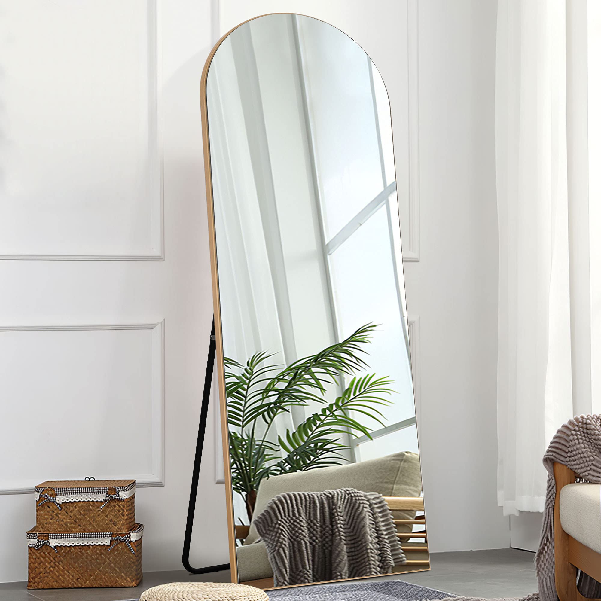**KIAYACI Arched Full Length Mirror - Oversized Floor Mirror with Stand, Wood Frame (Gold, 24