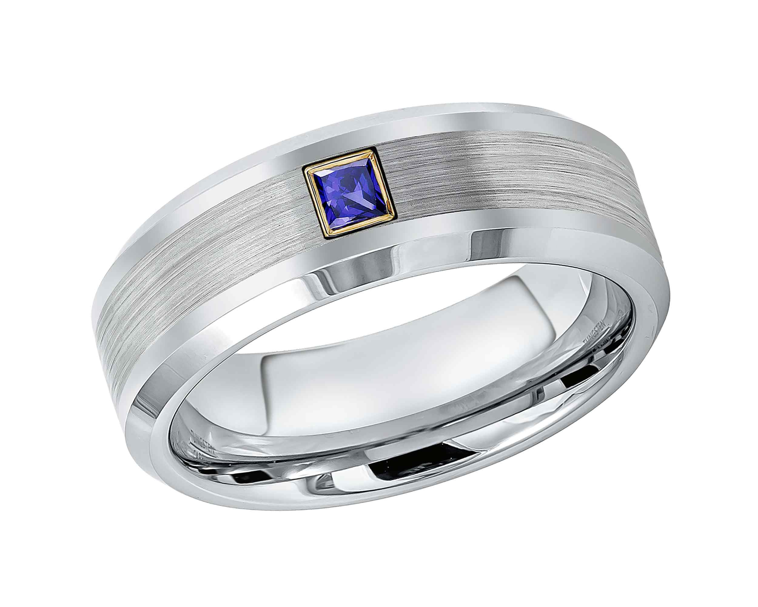 Men's Cobalt Wedding Band with 0.05-0.10ctw Princess Cut Blue Sapphire - Brushed Center & Shiny Beveled Edge Comfort Fit Ring for Anniversary, Engagement & Everyday Wear