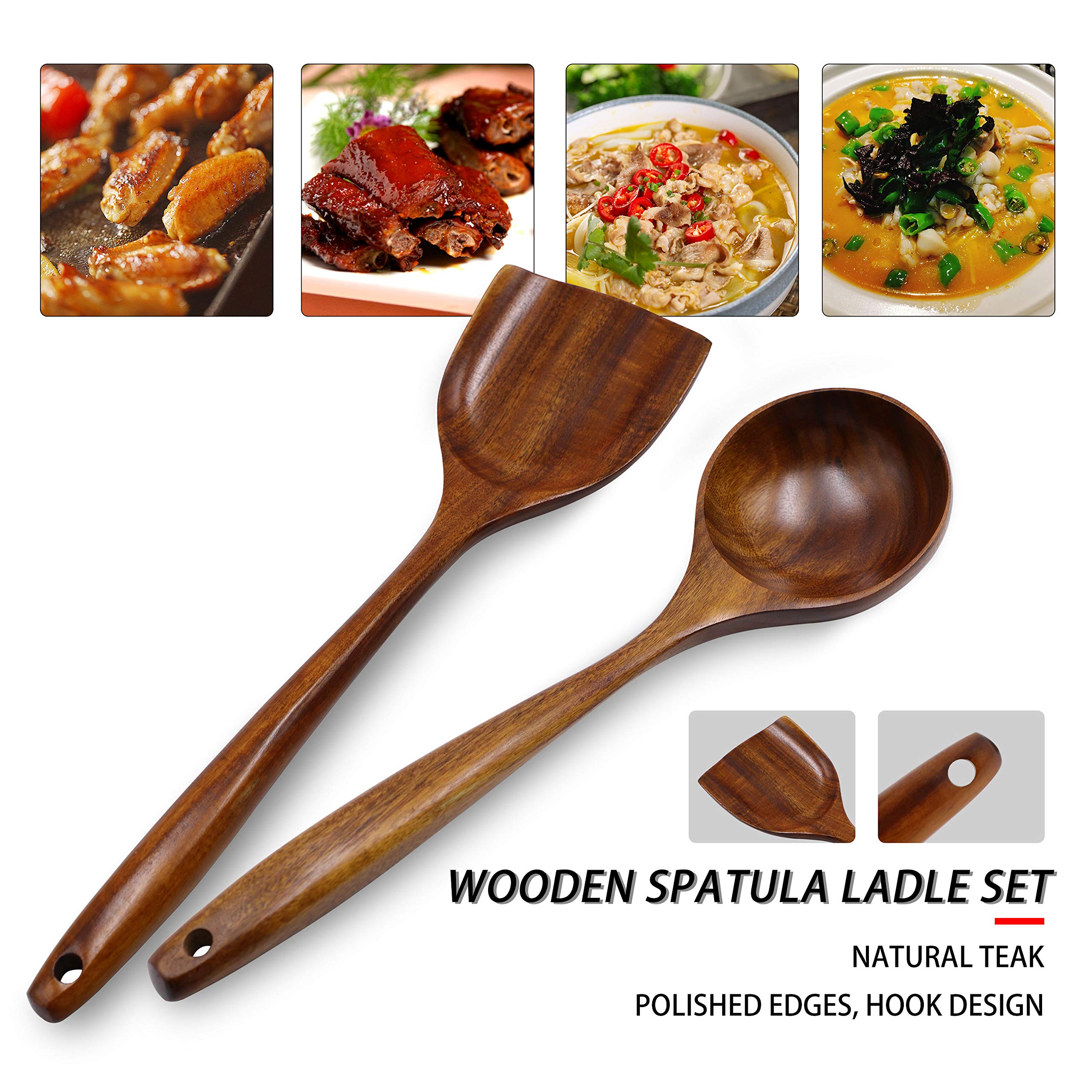 Premium Teak Wooden Wok Spatula Set - 14 Inch Long Handle Cooking Utensil for Stir Fry, Sauteing & Asian Cuisine - Durable Natural Wood Kitchen Tool for Woks, Pans & Non-Stick Cookware