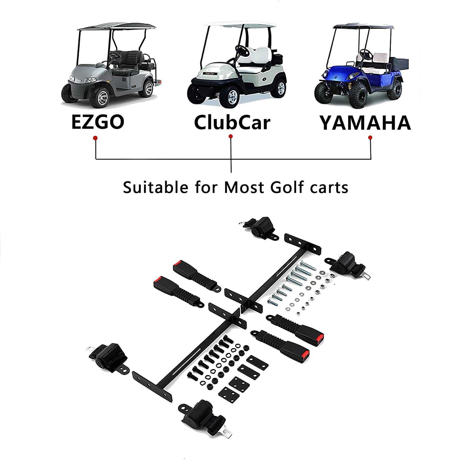 Retractable Golf Cart Belt Kit - Set of 4 with Bracket | Fits EZGO TXT, YM, Club Car DS Precedent & Most Golf Carts | Perfect for Golf Course, Resort & Community Transportation