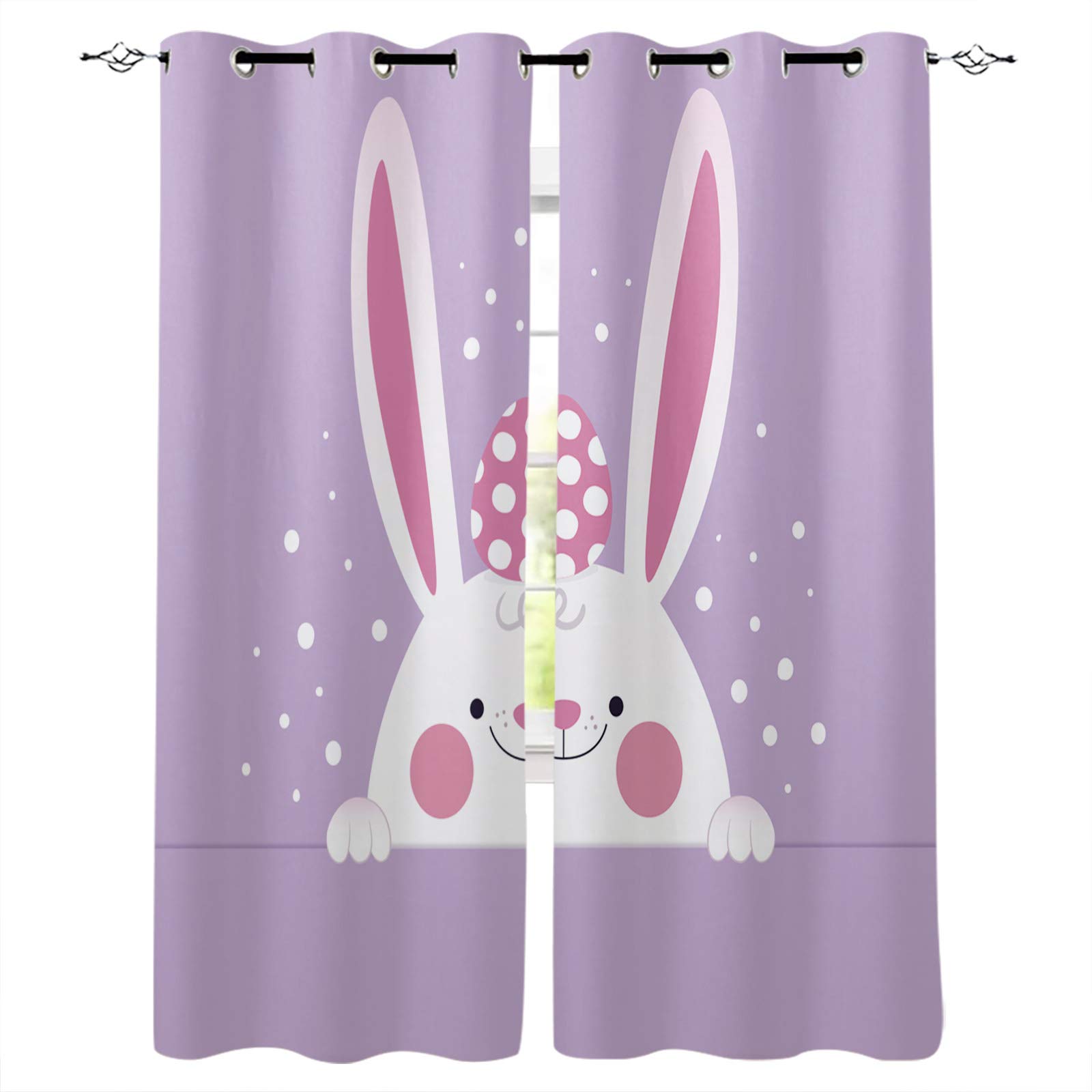 Easter Eggs Blackout Curtains - Bunny Rabbit Design Purple Room Darkening Window Shades 40x63 Inch for Bedroom & Nursery Decor