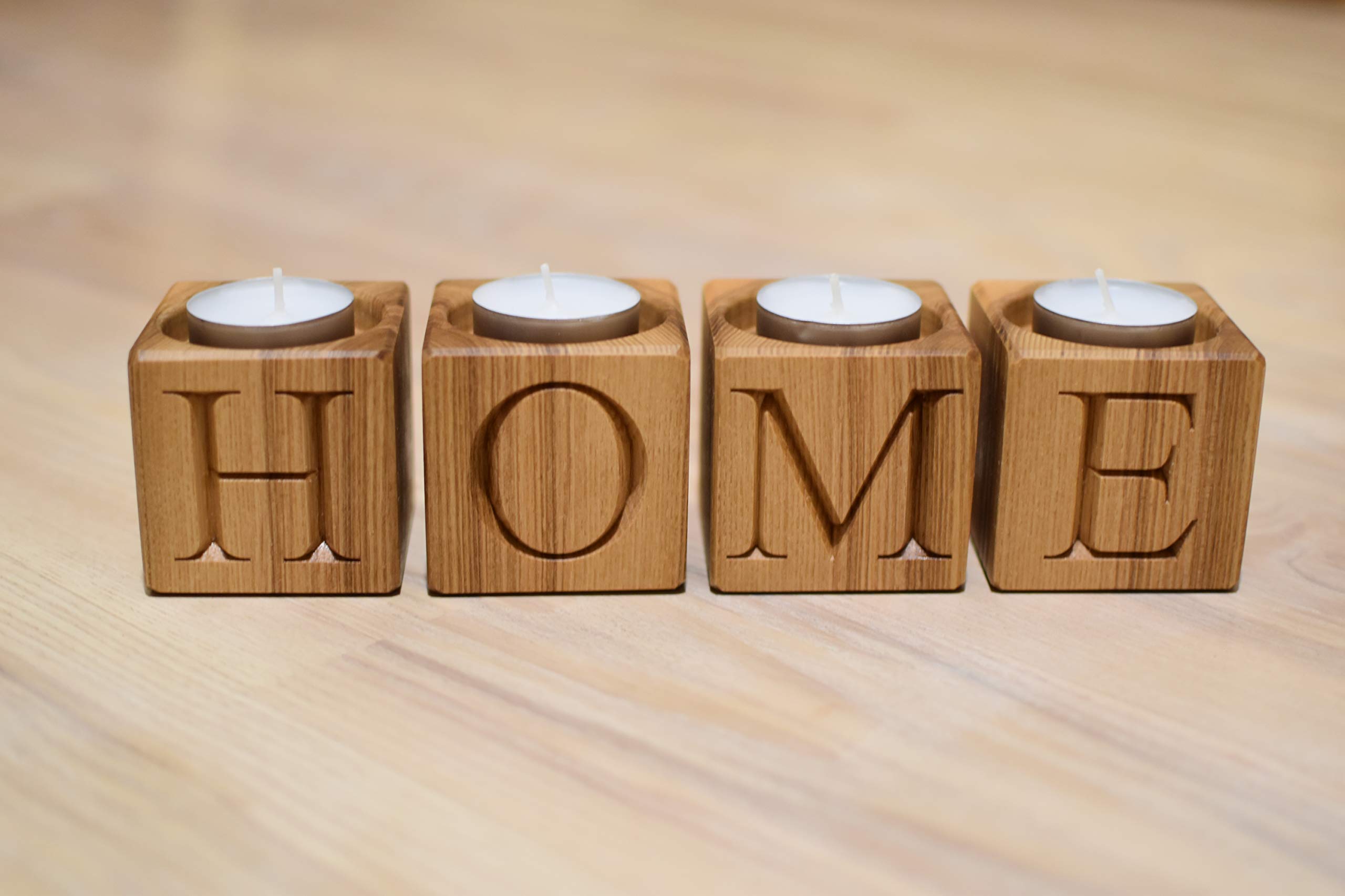 4 Wooden Candle Holders - Rustic Engraved Tealight Holders with Letters for Home Decor | Perfect for Christmas, Advent, Wedding Centerpieces and Farmhouse Style Decor
