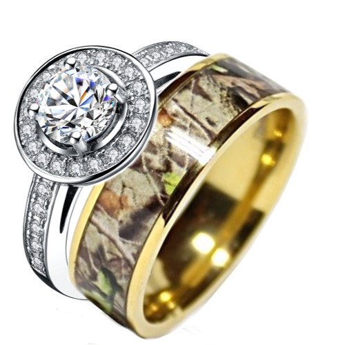 2-Piece Gold Plated Camo Wedding Ring Set for Women - Cubic Zirconia Camouflage Band Rings - Perfect for Outdoor Weddings, Military Ceremonies & Adventure Proposals