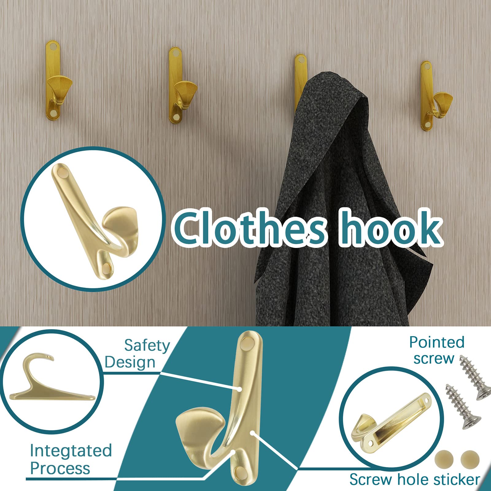 OLAYA 20 Pack Brushed Gold Wall Hooks - Heavy Duty Decorative Hooks for Hanging Coats, Hats, Bags & Kitchen Utensils | Rust-Resistant Metal Hooks for Closet, Entryway & Bathroom Organization