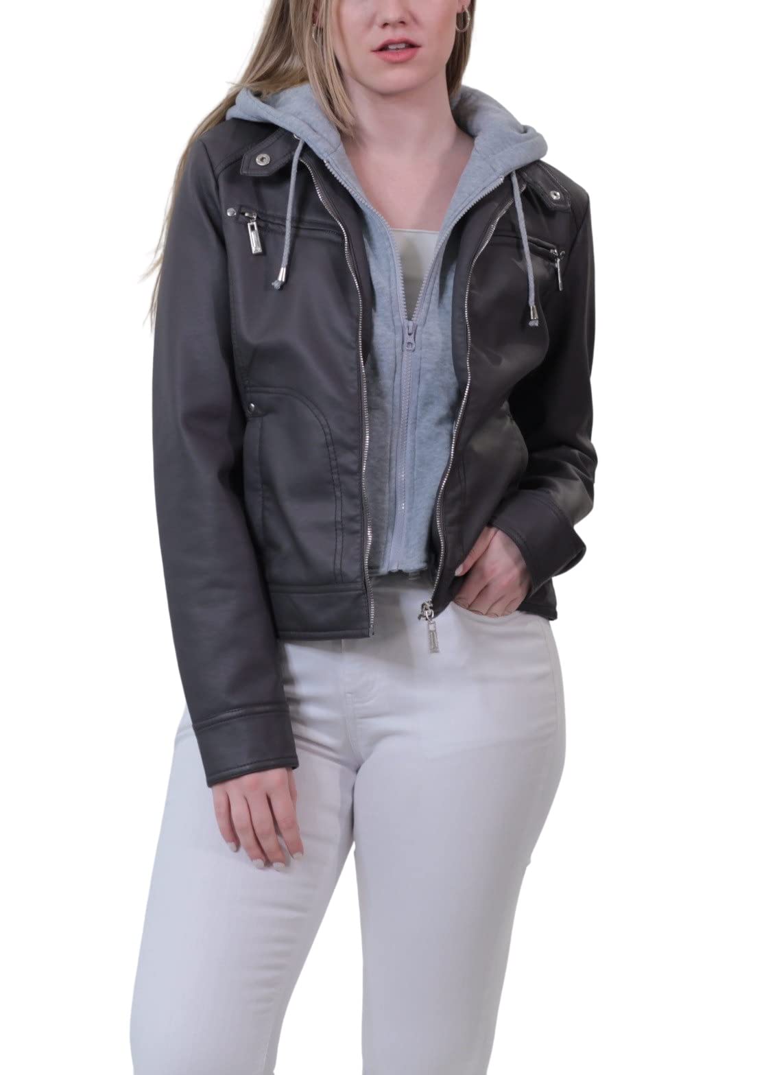 Vegan Leather Jacket for Women - Faux Fur Lined Winter Coat with Detachable Fleece Hoodie | Stylish Outerwear for Casual Wear, Street Fashion & Cold Weather Protection