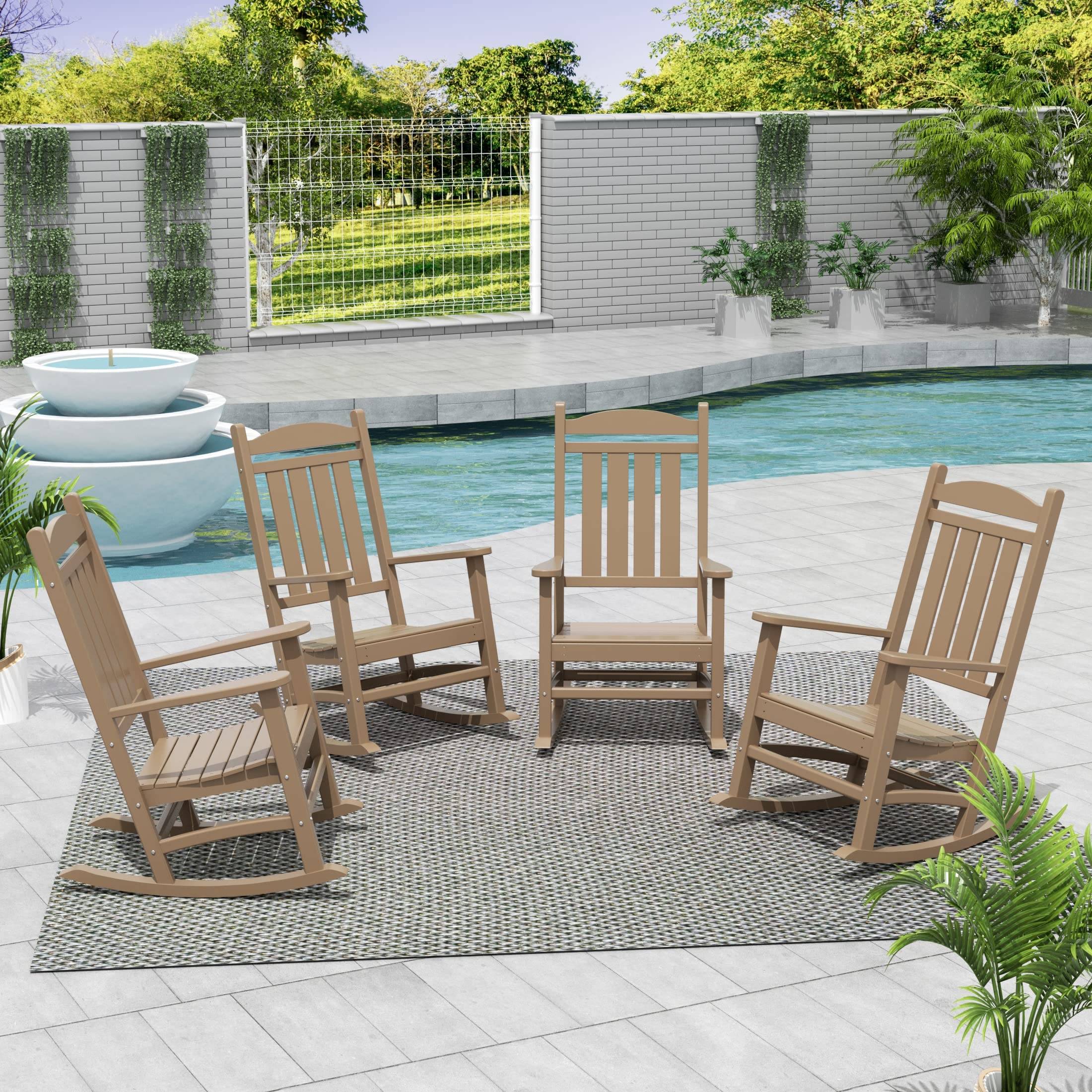 WO Home Furniture 4-Piece Patio Rocking Chair Set - Traditional Outdoor HDPE Rockers with UV & Weather Resistance (Weathered Wood Finish) - Perfect for Backyard, Garden, Porch & Poolside Relaxation
