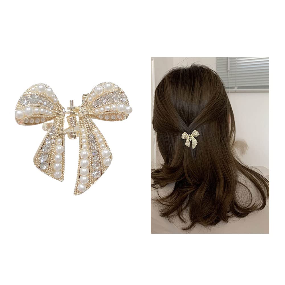 Pearl Hair Claw Clip for Women & Girls - Non-Slip Bowknot Crystal Hair Clips with Pearl Accents - Perfect for Thin Hair & Everyday Hairstyles - Ideal for Work, Parties, Weddings & Casual Outings