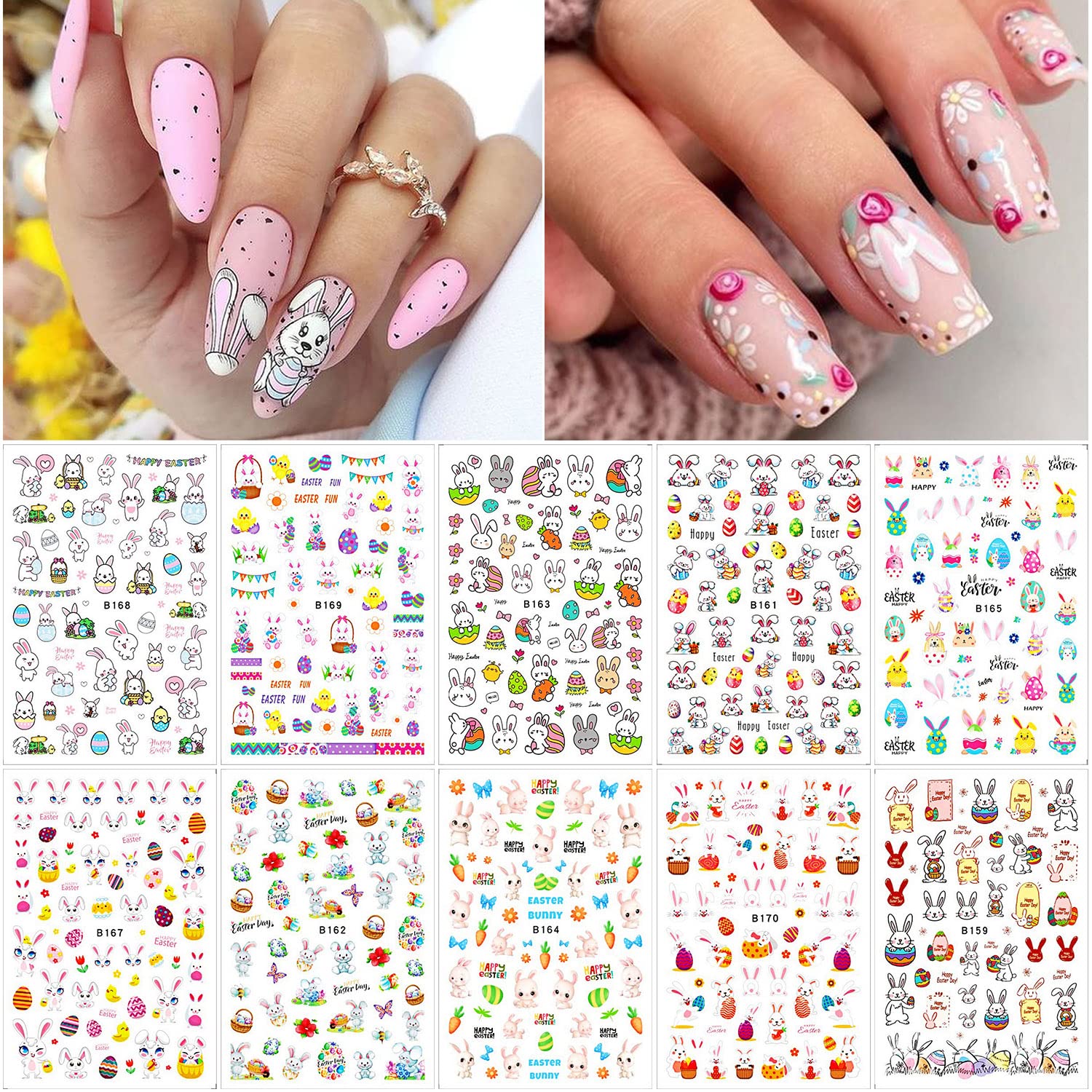 10 Sheets Easter Nail Art Stickers - 3D Bunny, Egg & Carrot Nail Decals for Spring Manicure | Self-Adhesive Nail Stickers for Women, Kids & Girls | Perfect for Easter Parties, Spring Nail Art & DIY Home Manicures