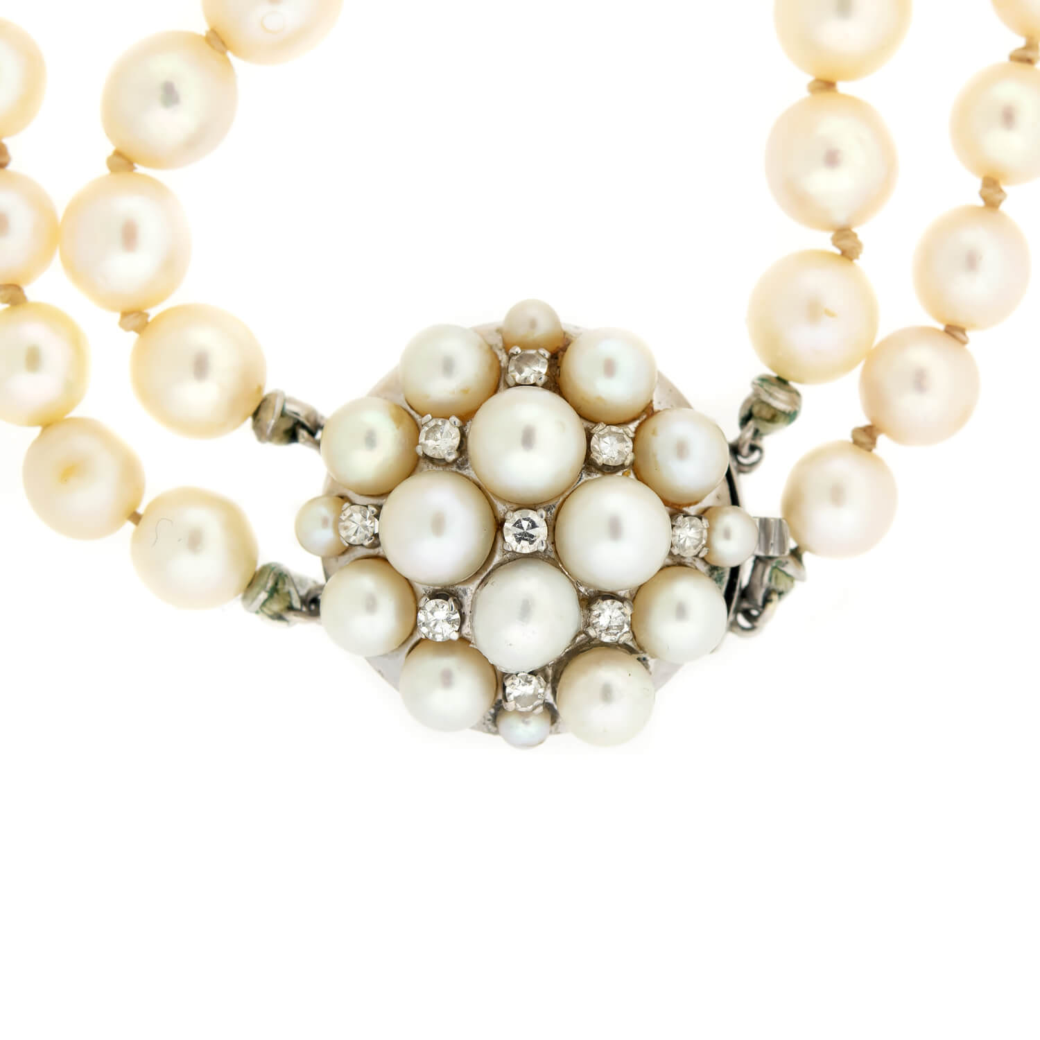 Vintage Double Strand Pearl Necklace with 14K Gold Diamond Clasp - Elegant Bridal Jewelry for Weddings, Anniversaries & Special Occasions